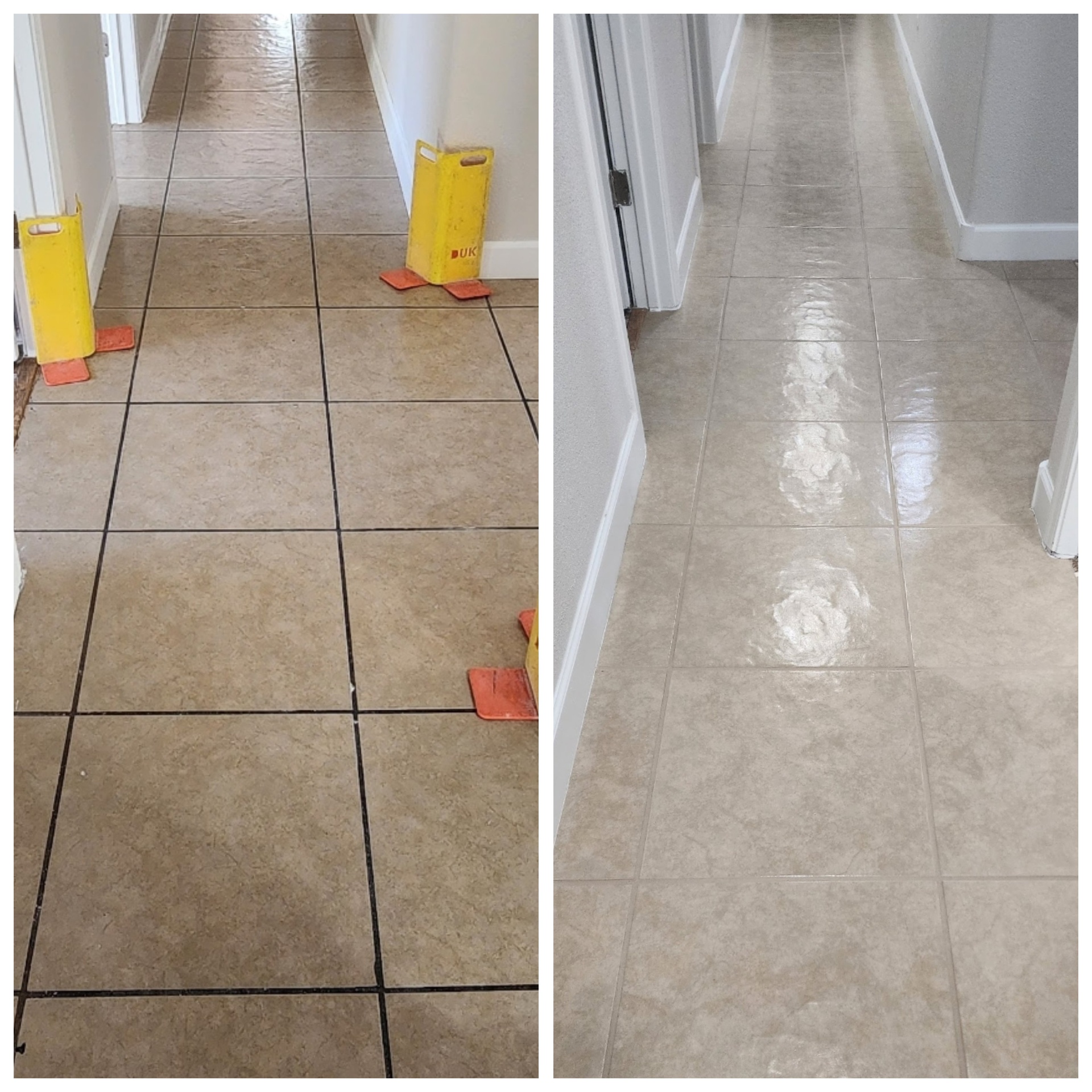 Before and after of a Tempe AZ hallway tile floor with black stained grout lines restored to a light custom grout color matching the tile by Lazona Tile Care