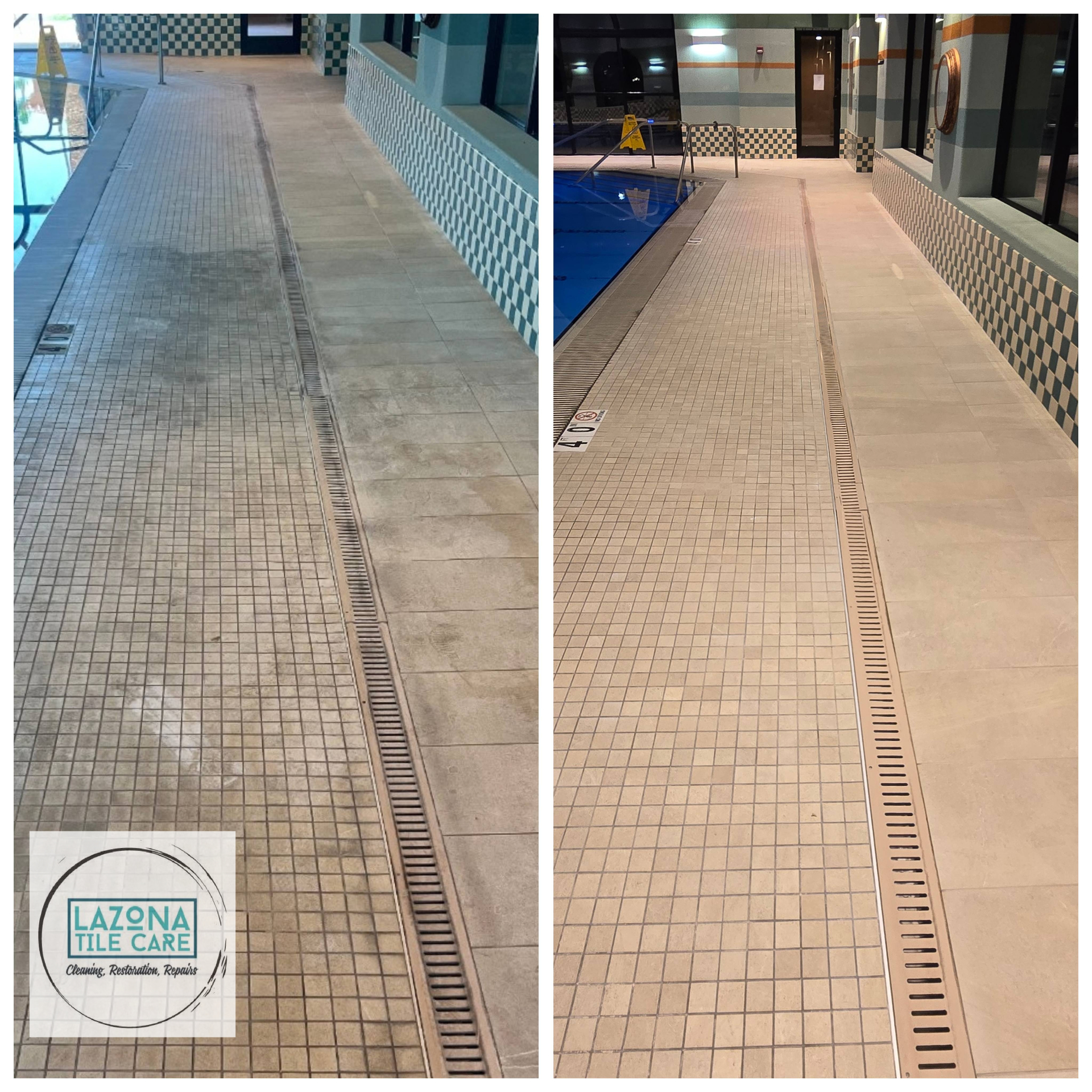 Before and after indoor pool walkway tile and grout cleaning by Lazona Tile Care in Phoenix, Arizona , soiled mosaic and large-format deck tile along the drainage channel restored to an even finish