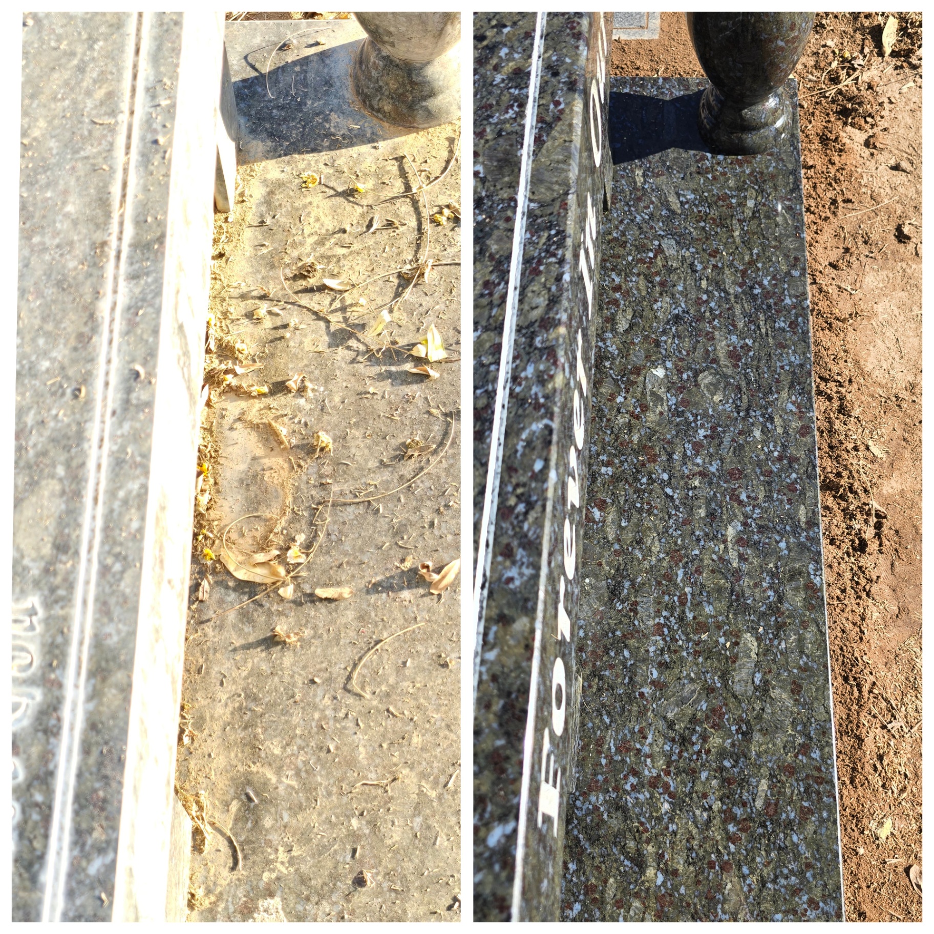 Before and after cleaning of a granite headstone base covered in soil, leaf litter and dried plant debris in Arizona