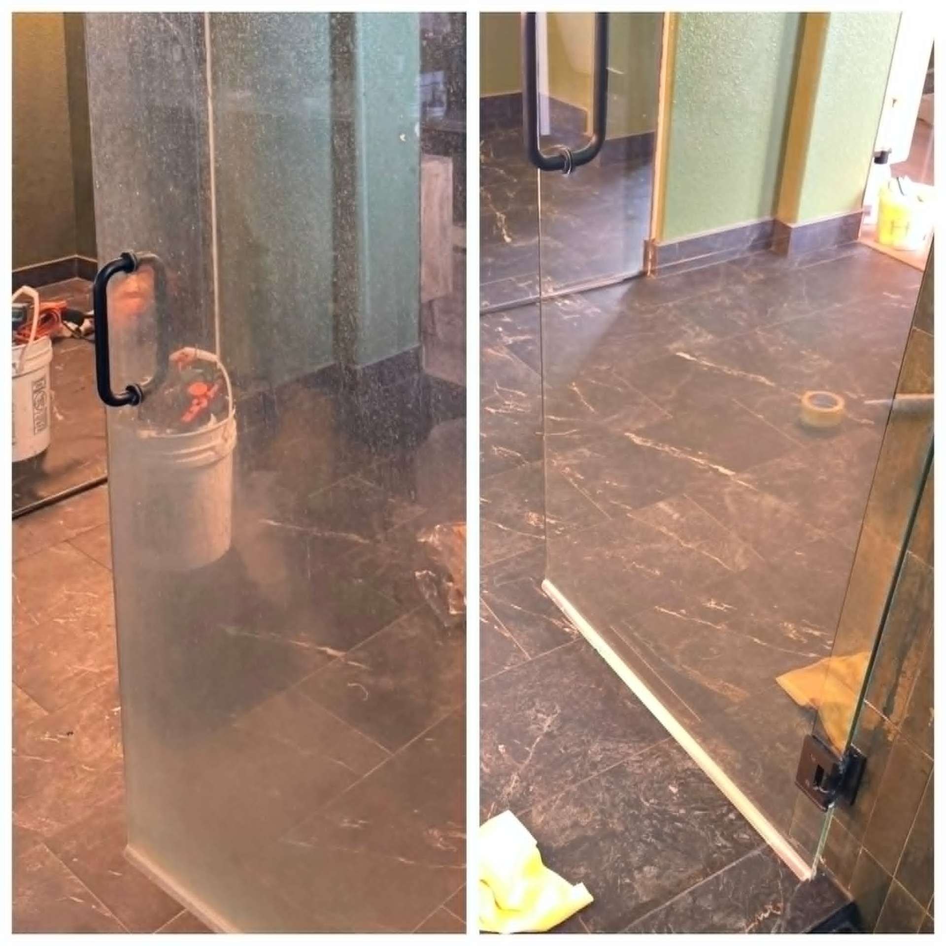 Is Windex Ruining Your Glass Shower Doors? What Arizona Homeowners Must Know Frameless glass shower door in an Arizona bathroom with dark marble floor showing heavy white hard water etching and ammonia haze on the left panel compared to crystal clear polished glass on the right panel after professional cerium oxide restoration and hydrophobic coating by Lazona Tile Care