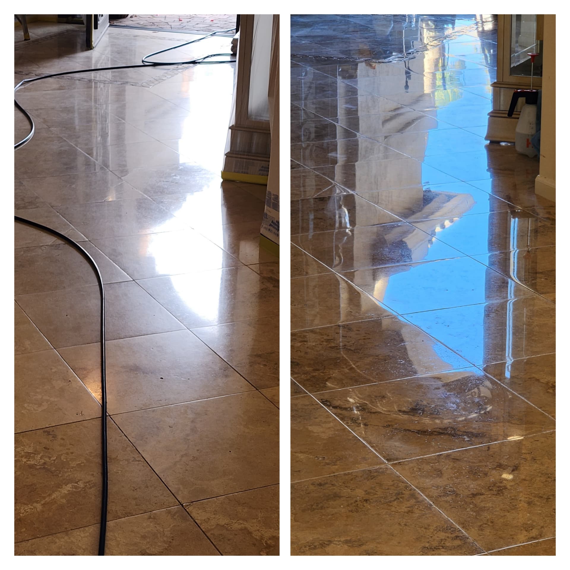 Before and after travertine hallway polishing in a Paradise Valley AZ home - a flat honed corridor floor refinished to a mirror gloss showing full reflections of the windows and doorway