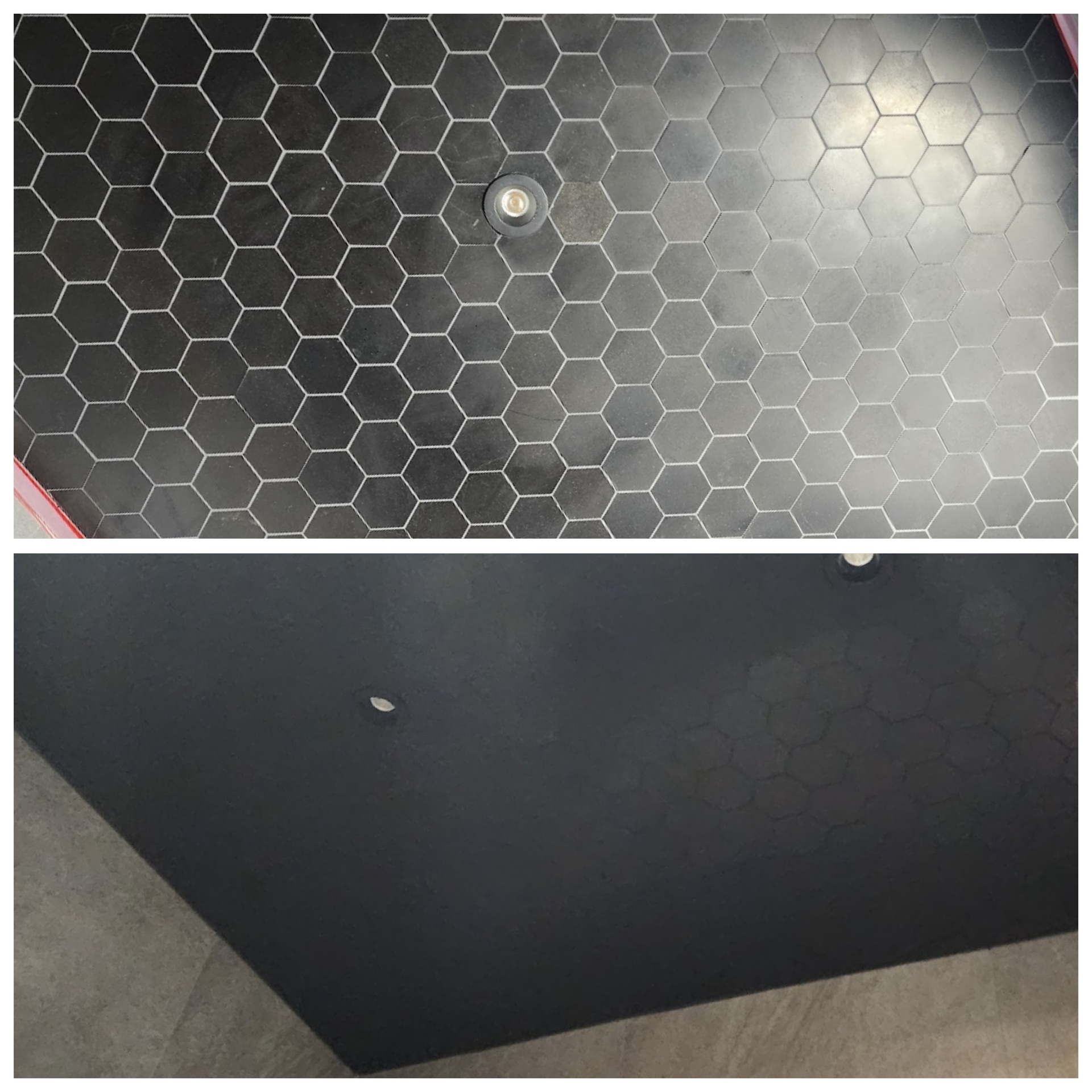 Black slate hexagon shower floor in Tempe AZ with faded eroded surface restored to deep uniform black with color enhancing seal