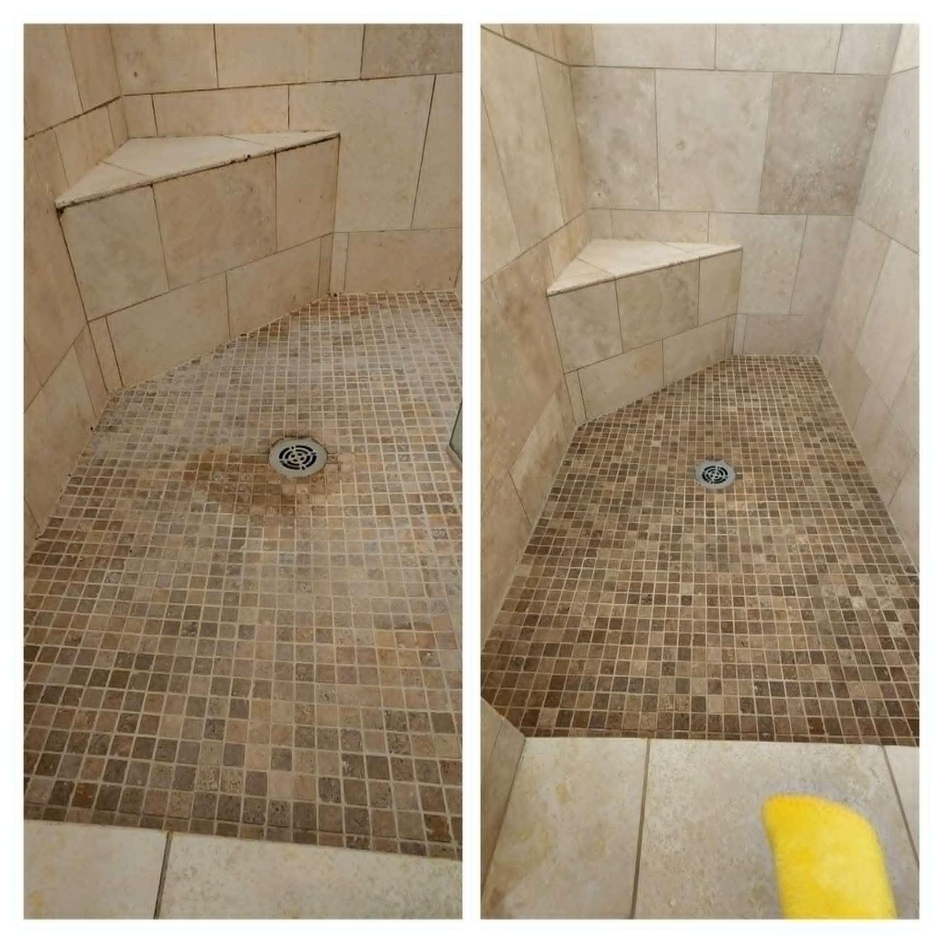 Real Lazona before and after of an Arizona travertine mosaic shower floor cleaned and re-sealed with a professional-grade impregnating sealer