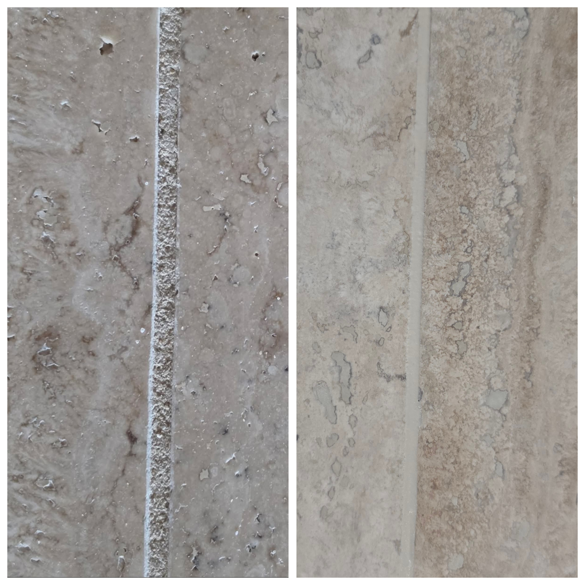Close-up comparison of a porous stone-look tile joint, showing rough stained grout before and a smoother light-colored restored joint after
