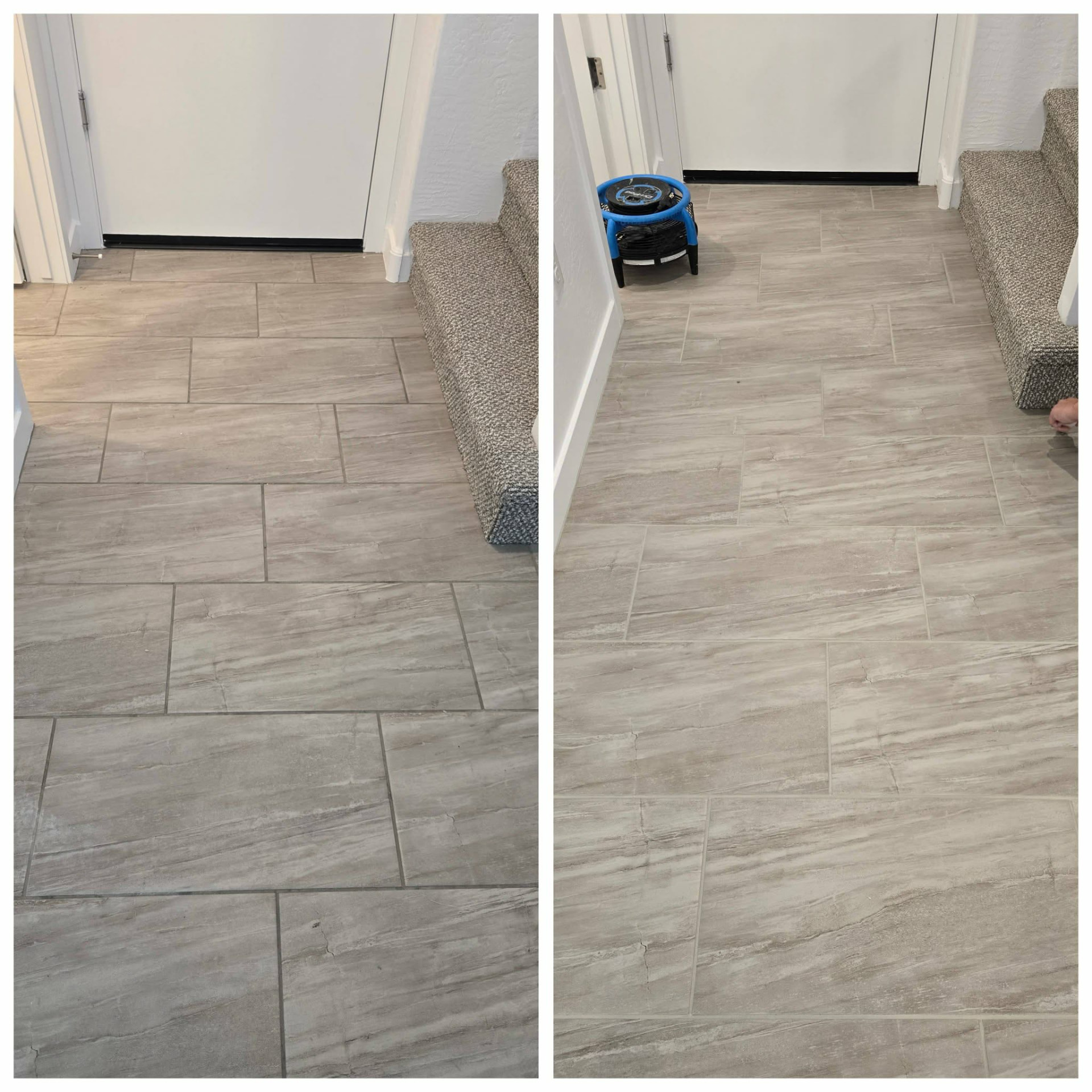 Before and after porcelain plank tile and grout cleaning in a Gilbert Arizona home entryway by Lazona Tile Care