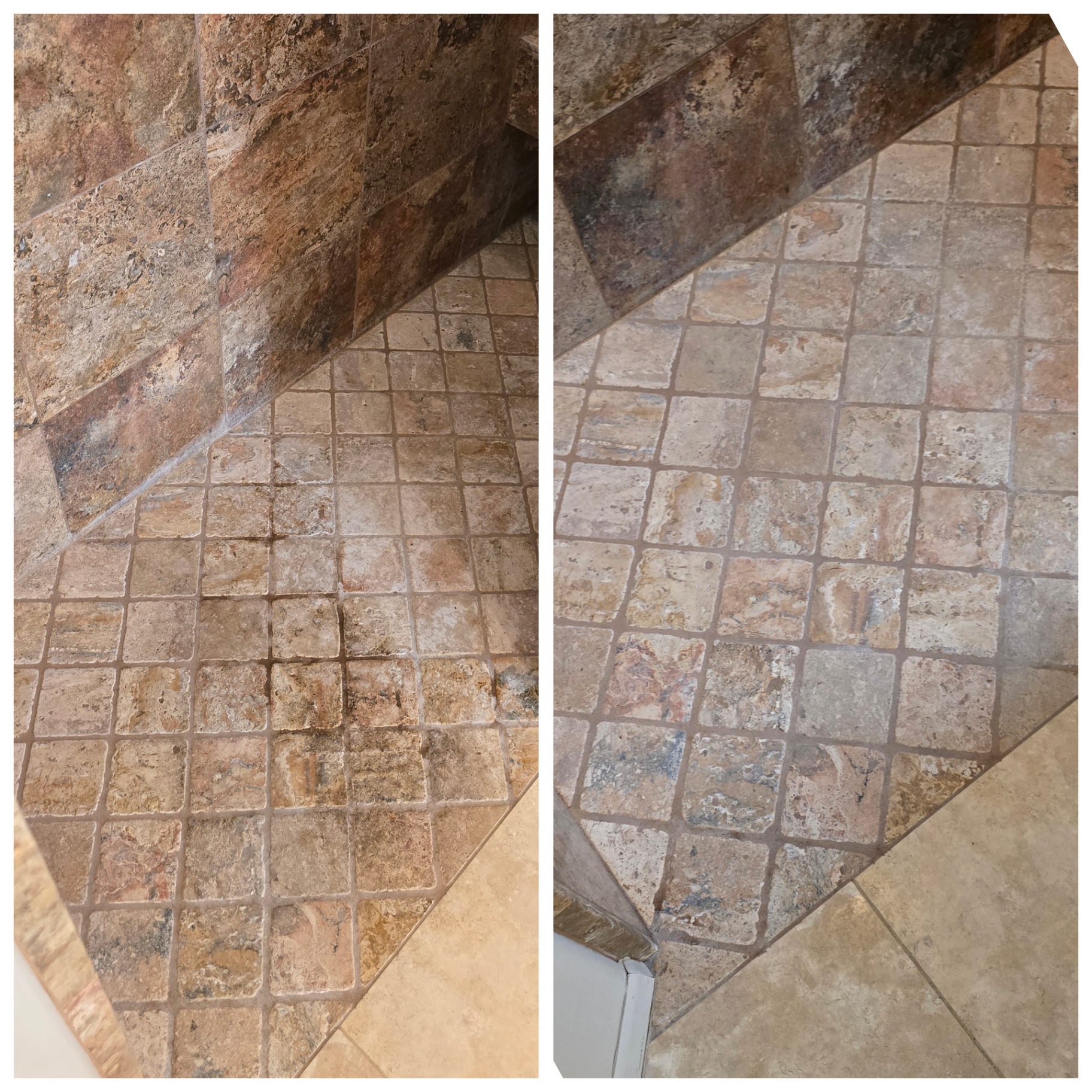 Before and after of a tumbled travertine shower floor in Chandler AZ with hard water erosion and darkened grout removed, then honed and permanently color sealed