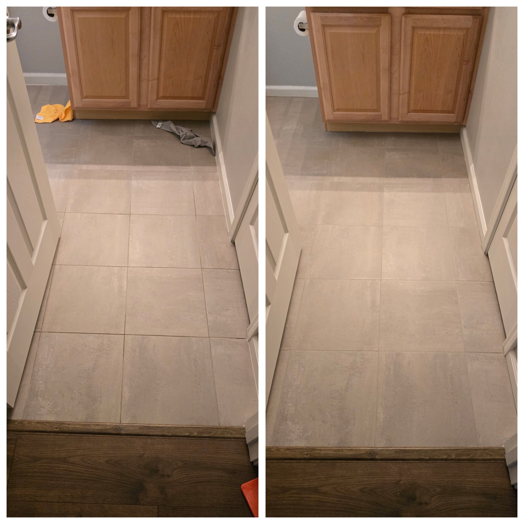 Before and after of a Mesa AZ bathroom tile floor with dirty grout restored to a clean uniform color with vanity toe kick and baseboards waterproofed by Lazona Tile Care