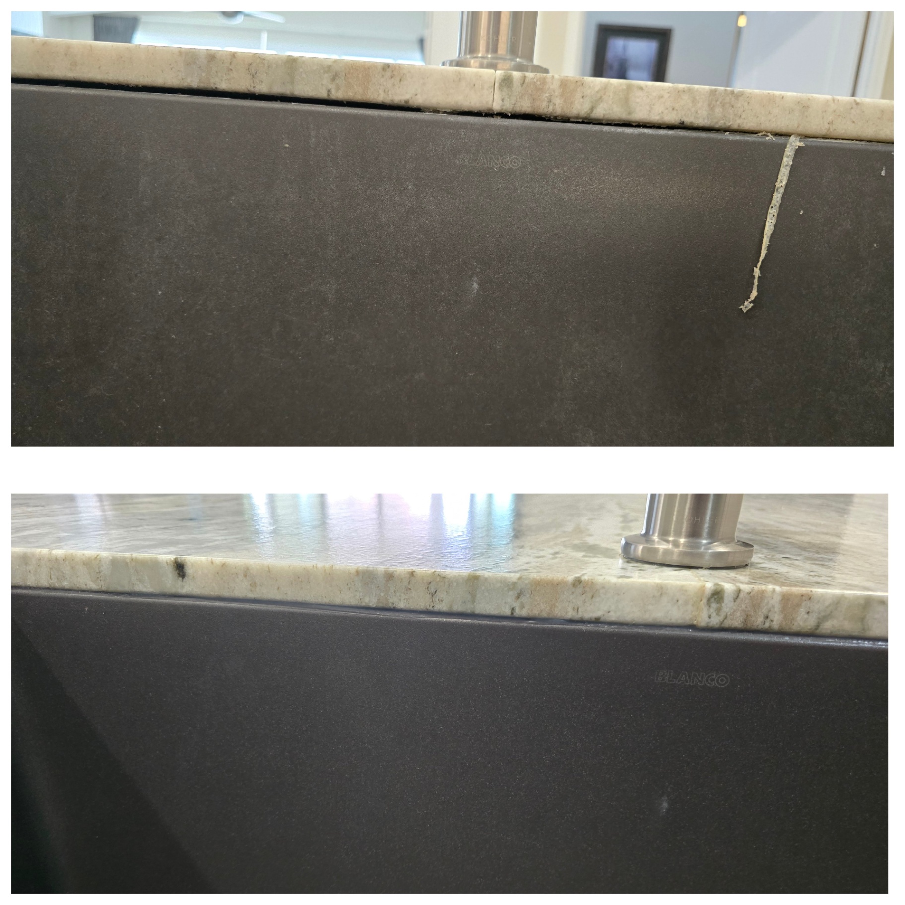 Before and after of a granite composite sink rim on a light granite countertop in Gilbert AZ with failed peeling caulk removed and replaced with a clean mildew resistant silicone bead