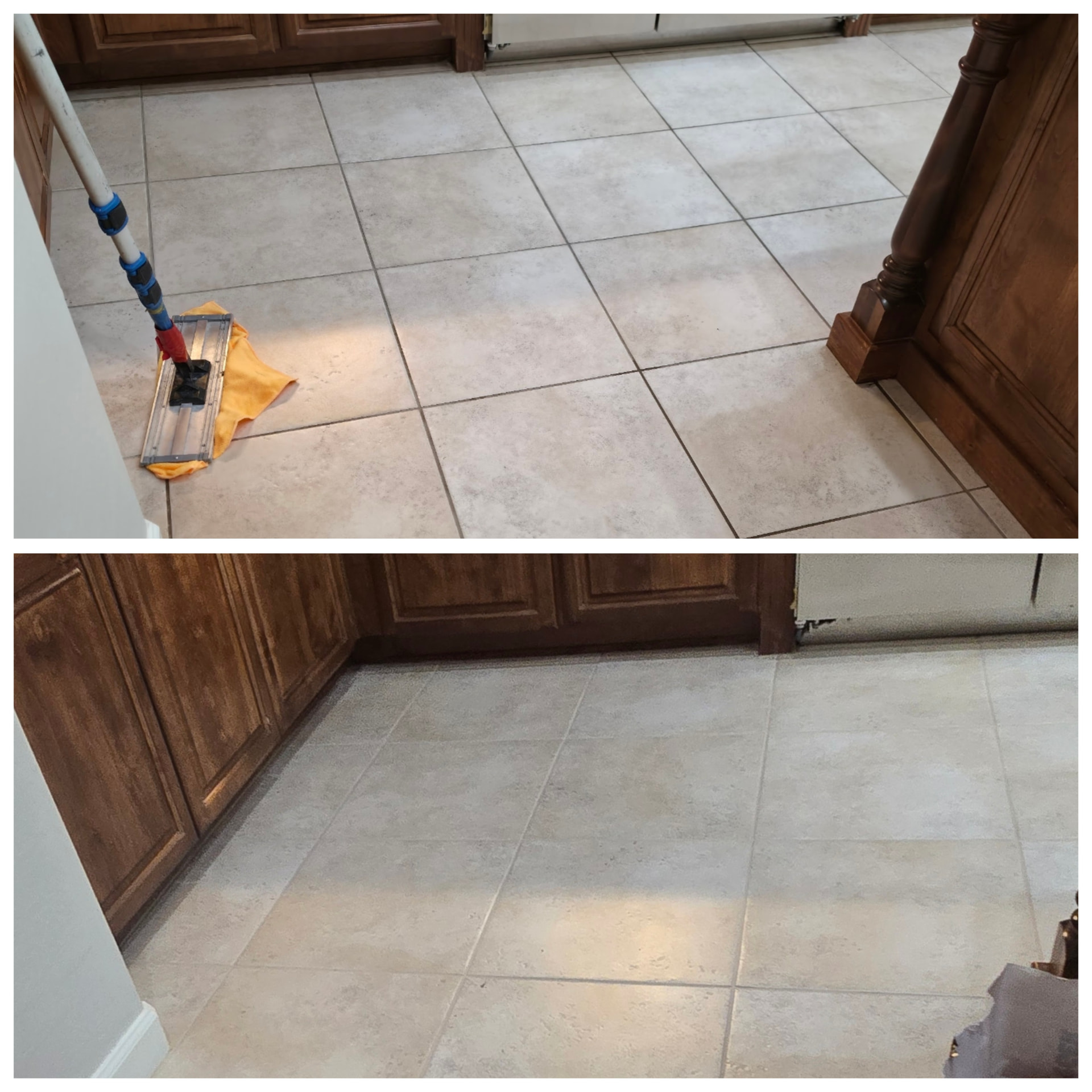 Porcelain Tile Floor Restoration in Las Sendas, Mesa: A Pre Move-In Reset Before and after porcelain tile floor restoration in a Las Sendas home in Mesa Arizona showing hazy gray tile and blotchy stained grout on top and clean uniform tile with color sealed grout below