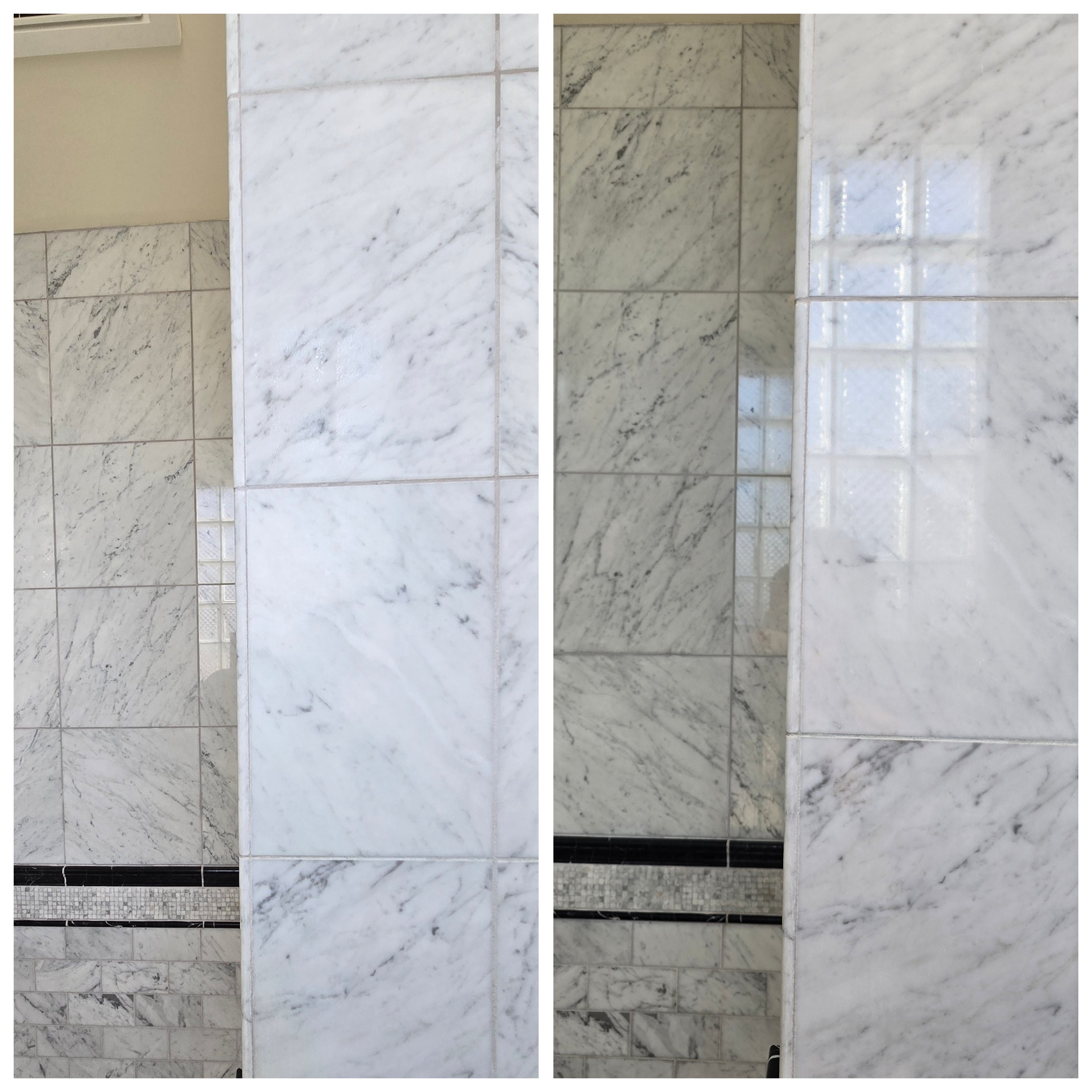 Carrara marble shower wall in Chandler AZ etched dull by hard water then diamond honed and polished back to a reflective finish
