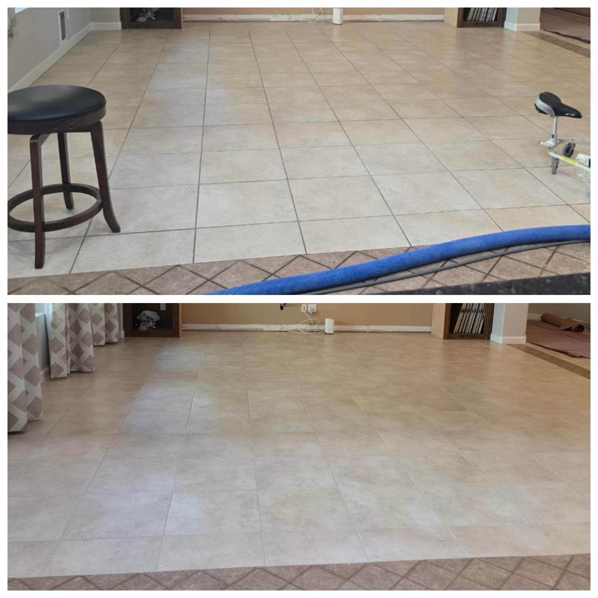 Before and after grout color sealing on a travertine-look tile living room floor in Gilbert AZ - gray discolored grout lines permanently restored to a clean uniform sand color that is stain-proof and never needs re-sealing
