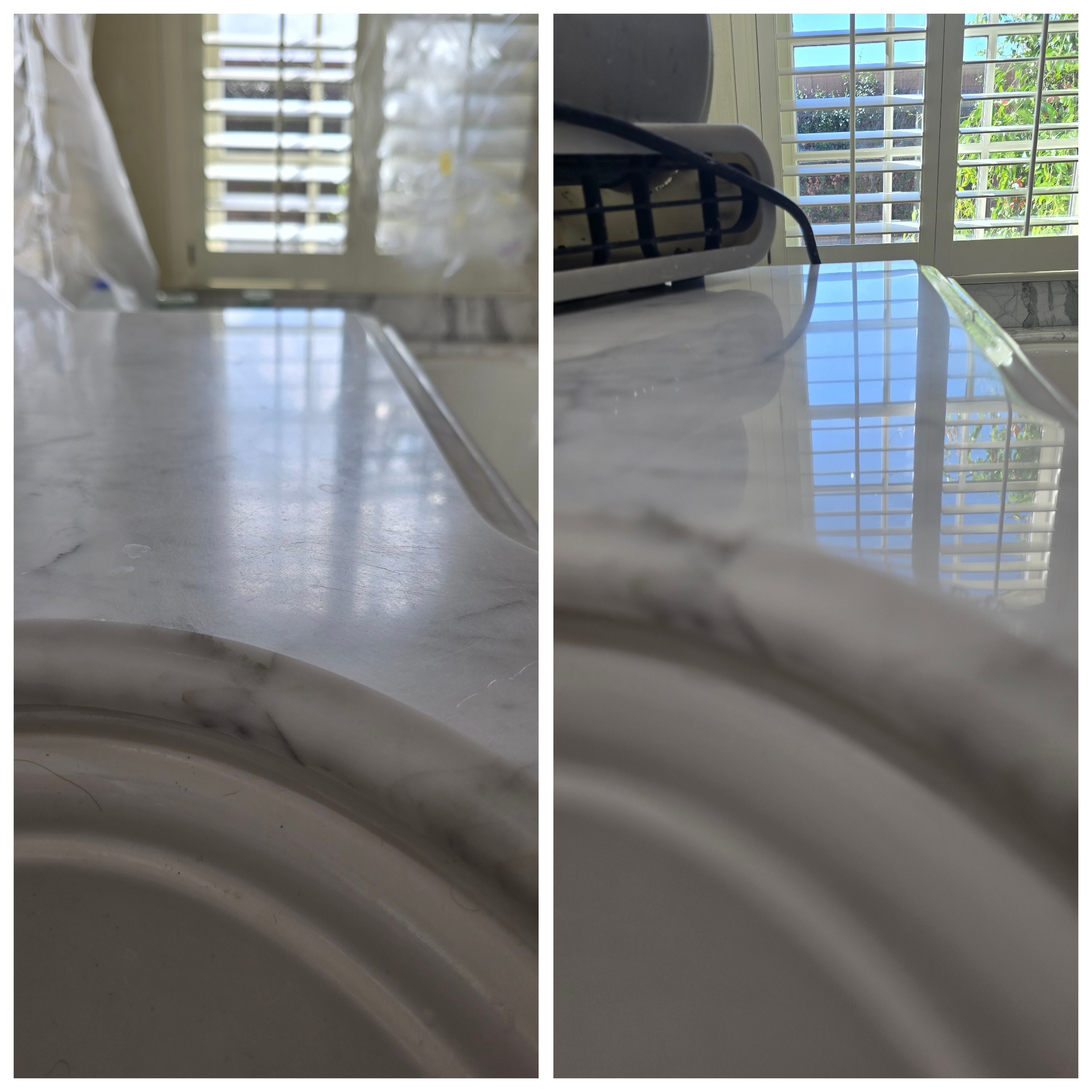 Before and after of a white marble countertop in Gilbert AZ with a scratched dull surface honed through progressive grits and polished to an even reflective finish