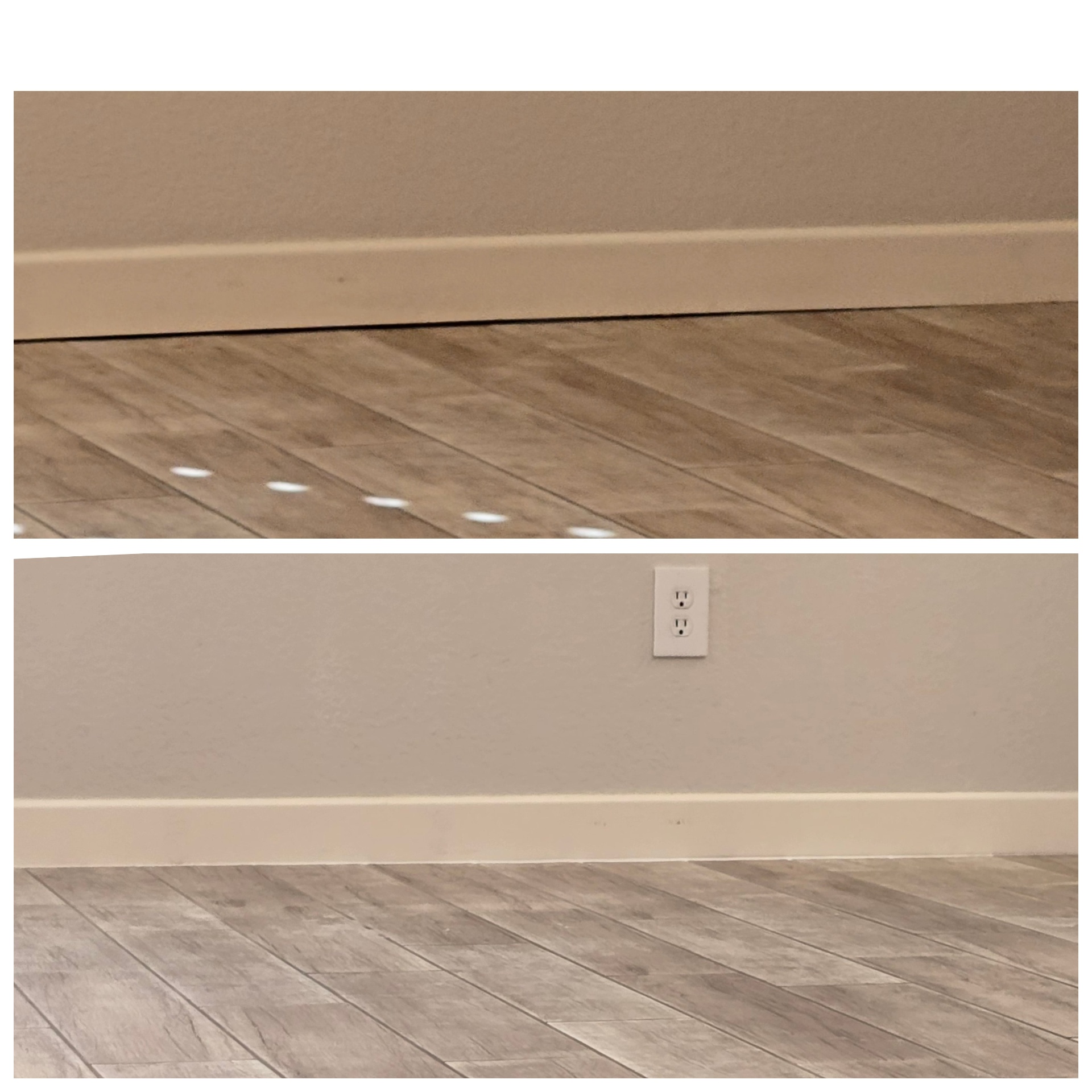 Before and after of a Gilbert AZ plank tile floor perimeter where the open gap under damaged baseboard was waterproofed, caulked and the baseboard replaced by Lazona Tile Care