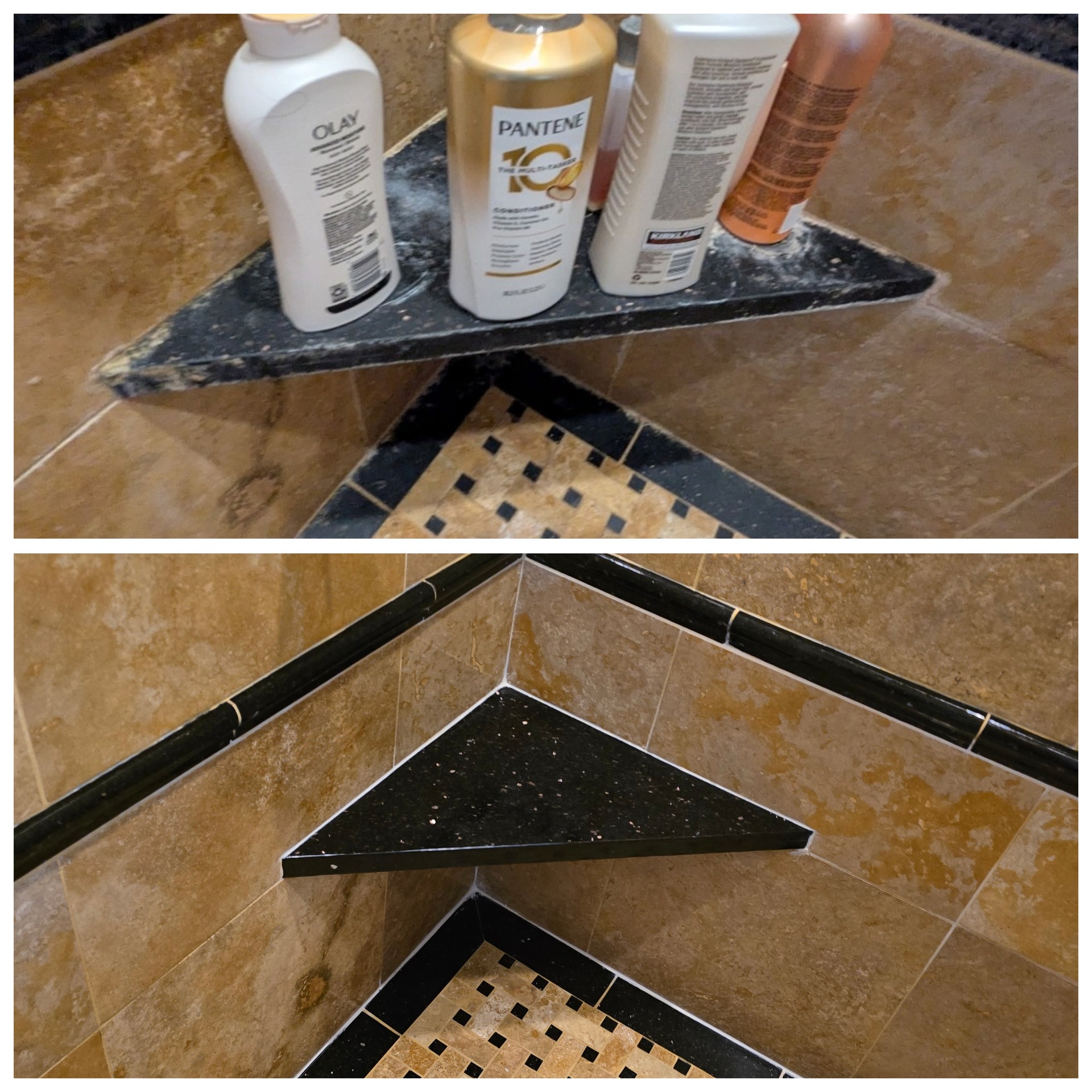 Before and after of a black granite corner shelf and travertine shower walls in Arizona covered in soap scum and hard water film, cleaned back to clean stone with fresh white grout lines