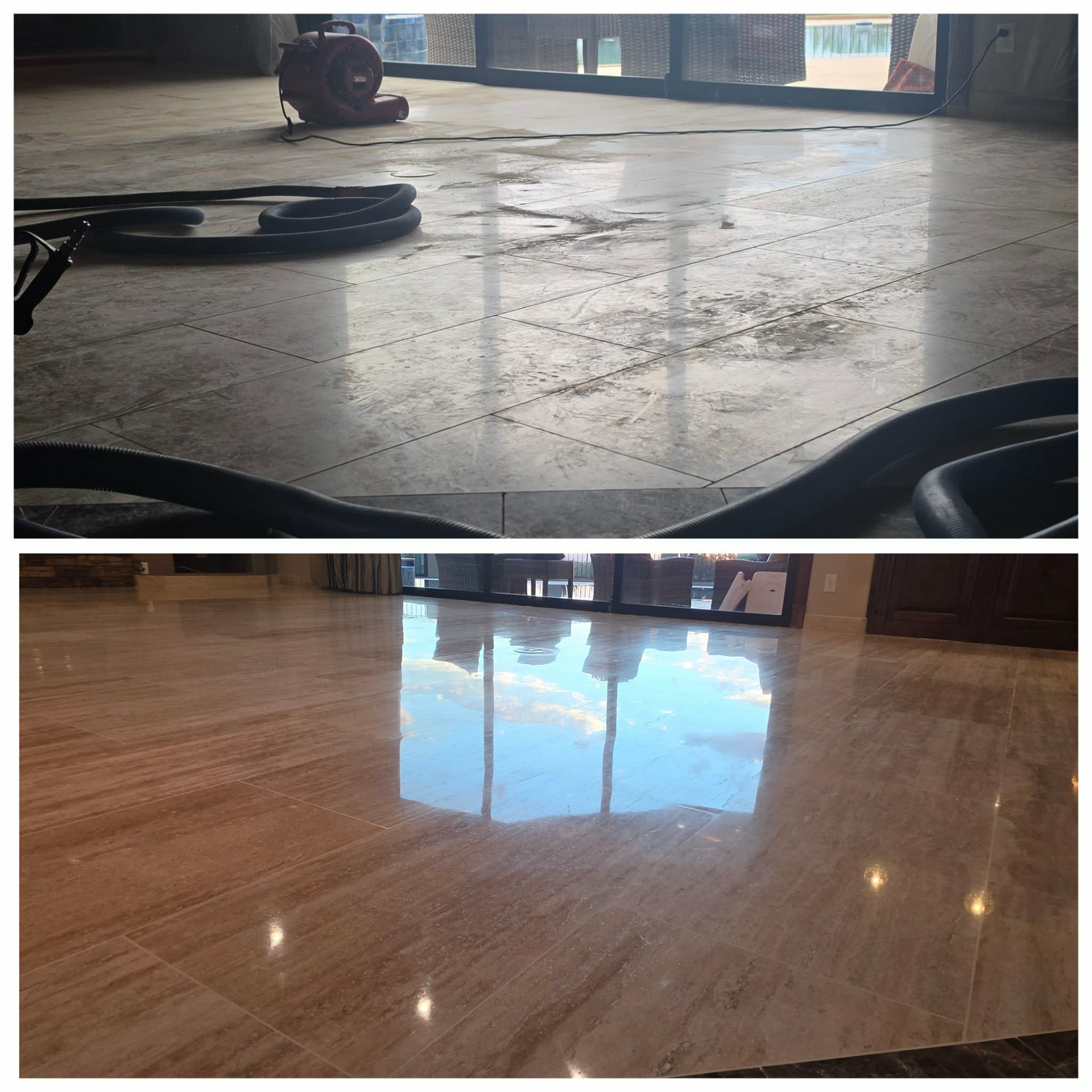 Before-and-after travertine floor grind down, with equipment and a wet work-stage surface above and a glossy floor reflecting patio doors below