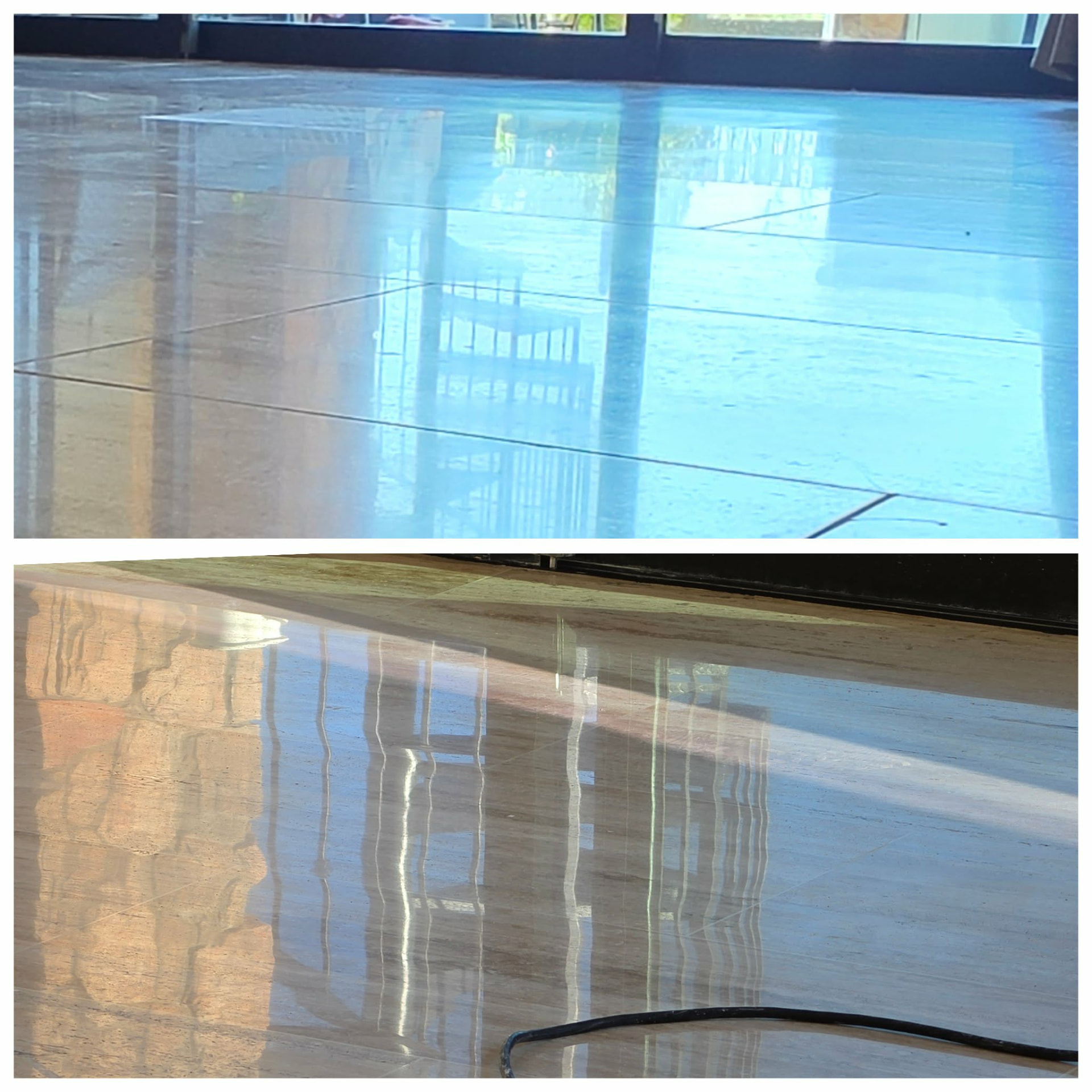 Before-and-after stone-floor grind-down detail near patio doors, with tile edges in the upper view and a continuous-looking polished reflection with visible natural veining in the lower view