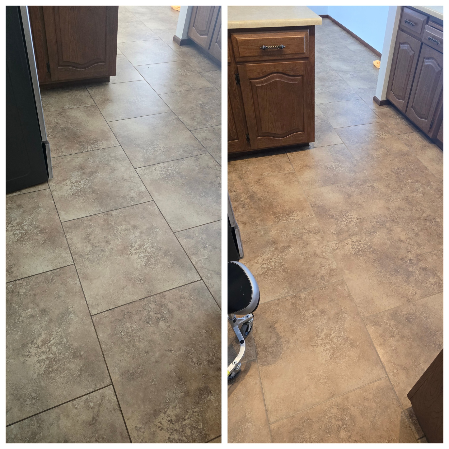 Before and after of a Queen Creek AZ kitchen tile floor with hollow drummy tiles injected and re solidified then grout repaired and color restored by Lazona Tile Care