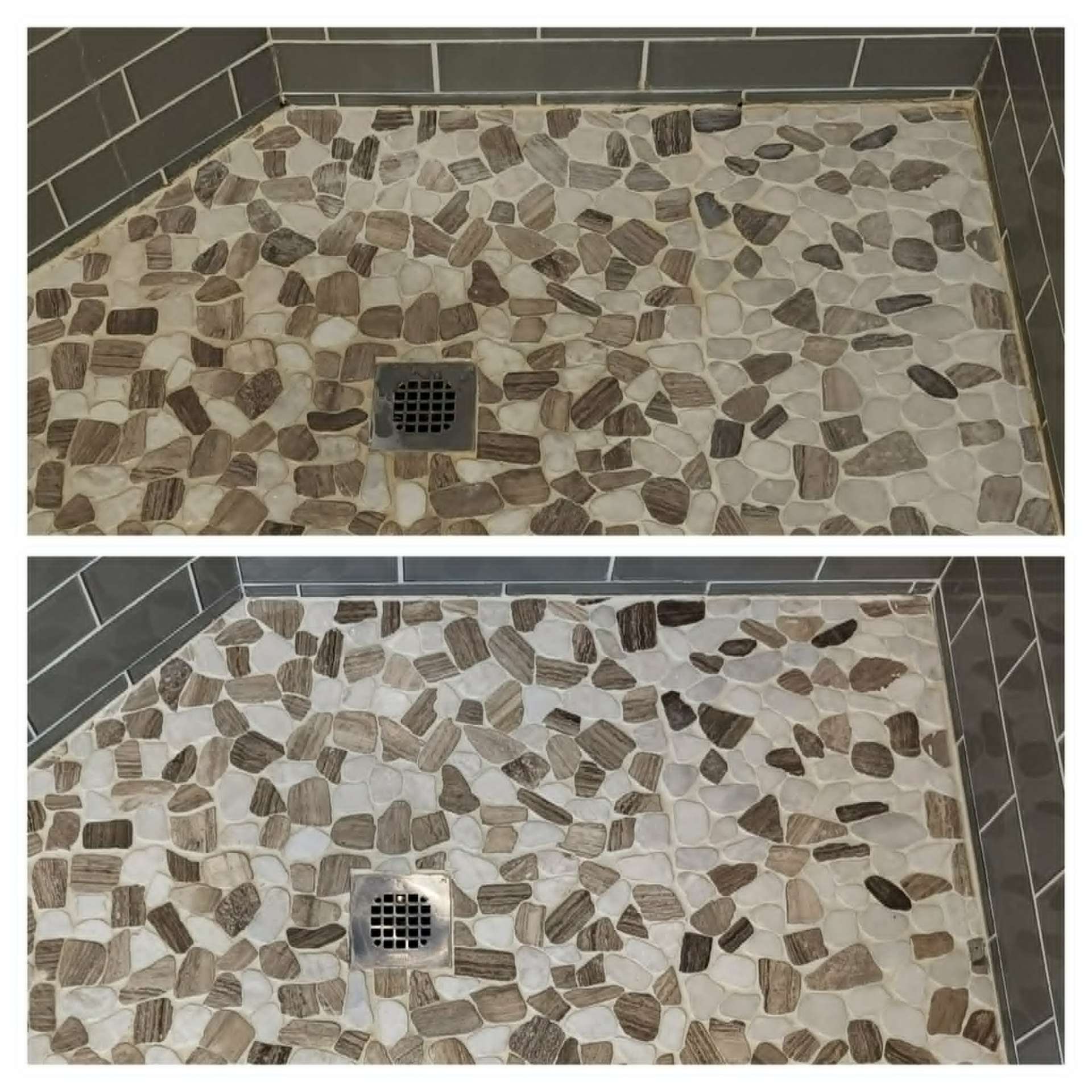 Real Lazona before and after of a natural pebble stone shower floor with acidic cleaner damage restored through deep cleaning and color enhancement in an Arizona home