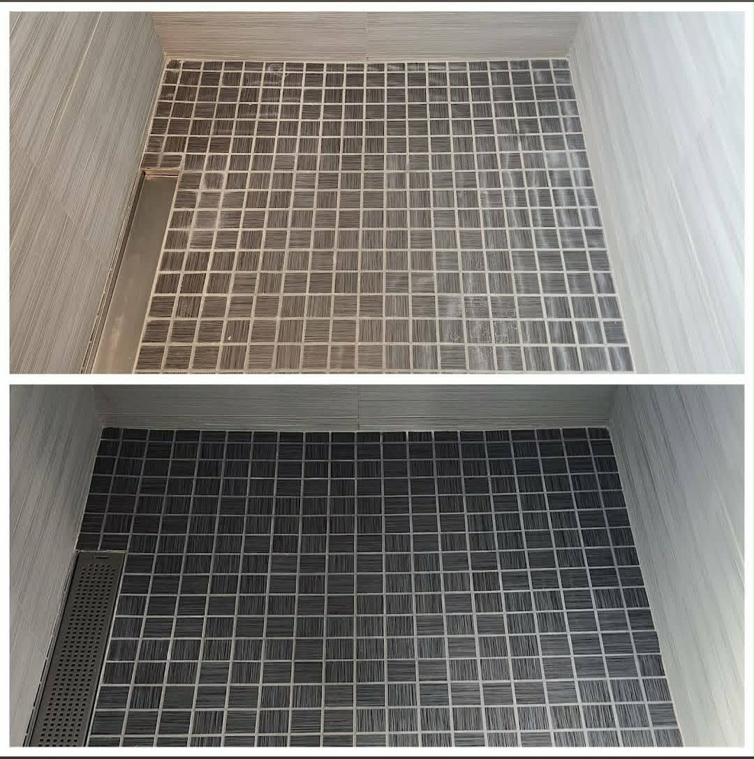 Before and after of an acid etched stone mosaic shower floor with eroded grout joints restored and color sealed in the East Valley of Arizona