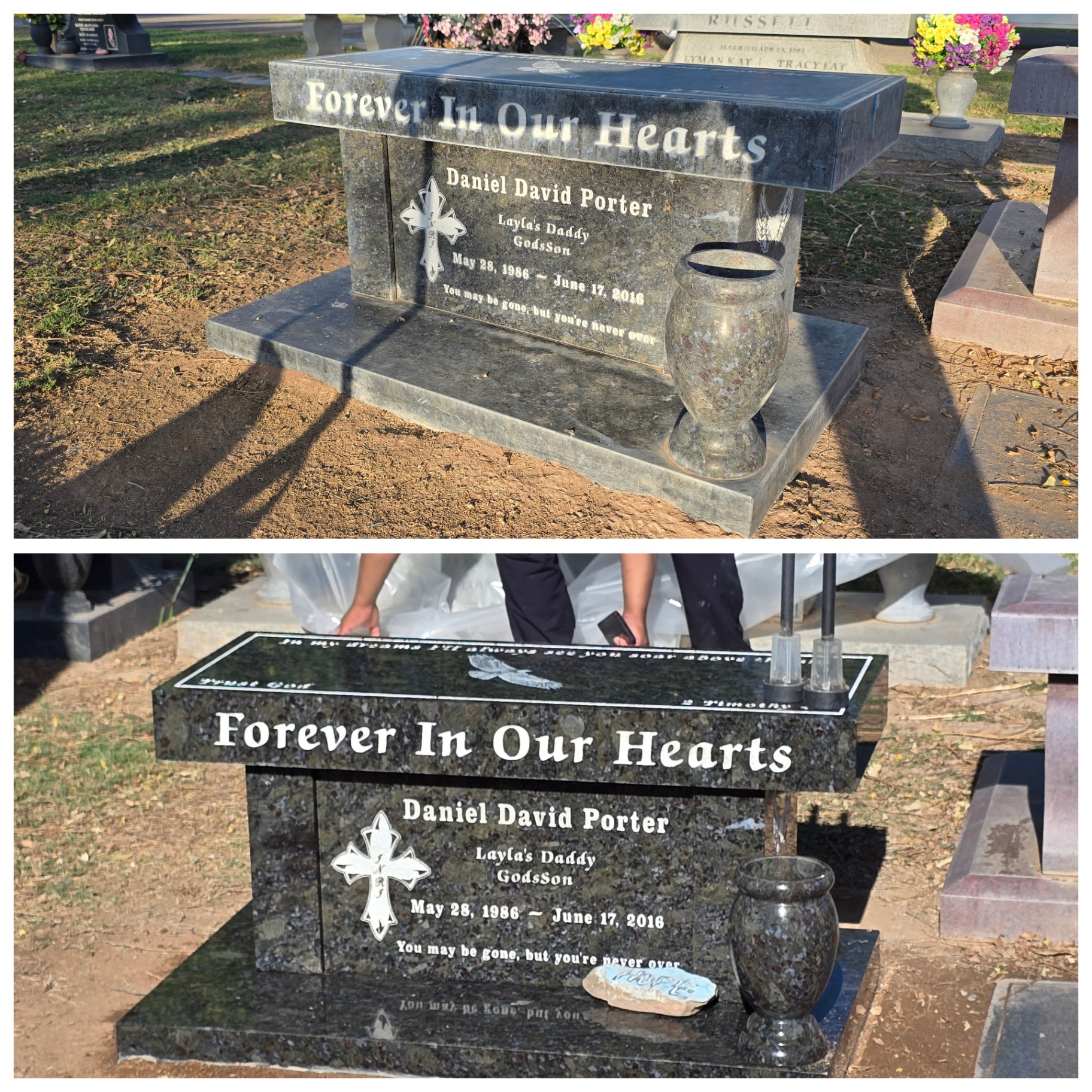 Before and after cleaning and sealing of a polished granite memorial bench engraved Forever In Our Hearts in Arizona