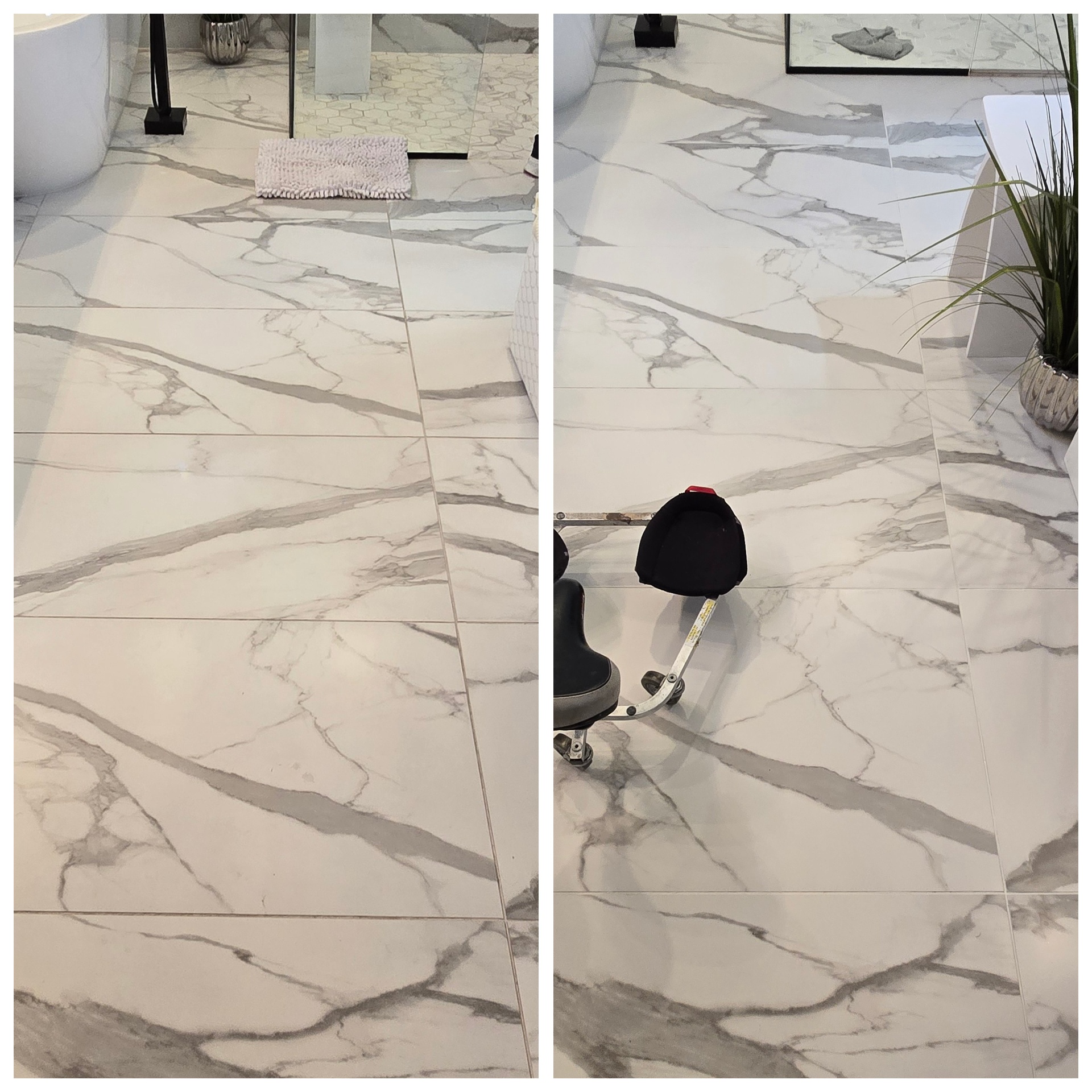 Before and after of a Paradise Valley AZ marble look porcelain tile floor with hazy dull surface and dirty grout deep restored to a crisp bright finish by Lazona Tile Care
