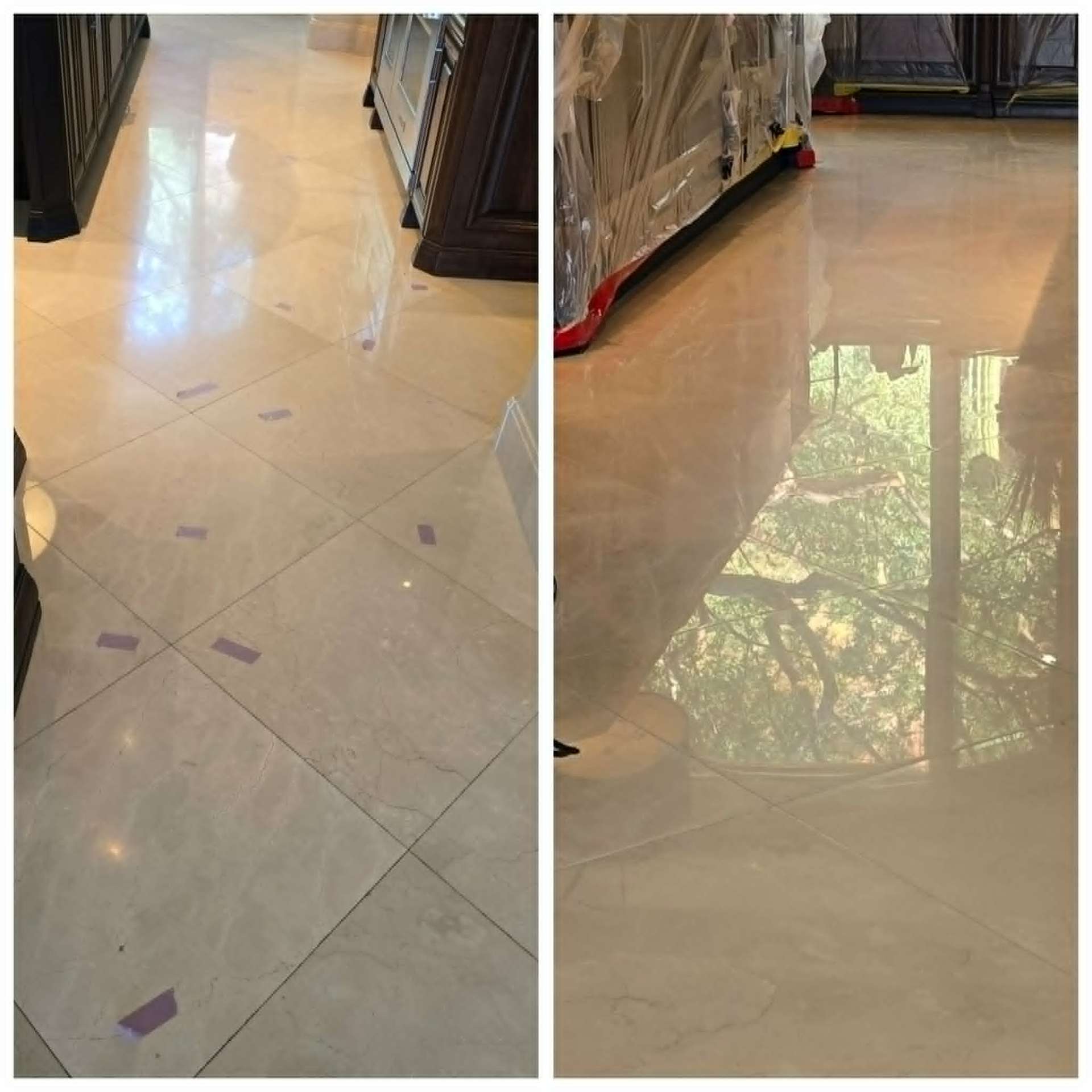 Tile Contractor vs. Tile Restoration: A Gilbert Homeowner's Guide (2026) Side by side comparison of an East Valley tile floor with dark stained grout joints on the left and bright uniformly color sealed grout on the right after professional Lazona Tile Care restoration in Gilbert Arizona