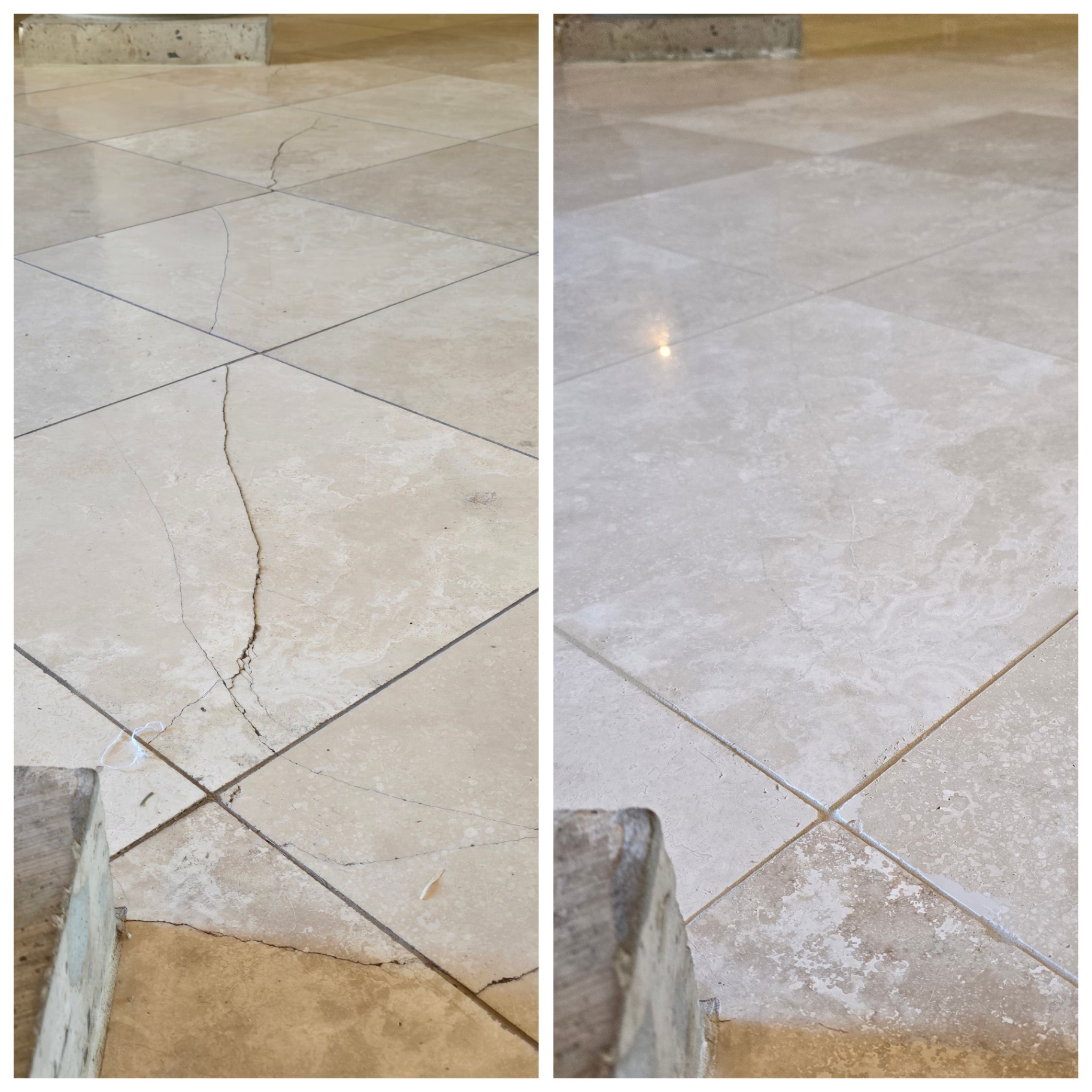 Before and after of a travertine floor in Chandler AZ with a long structural crack running through several tiles filled with color matched epoxy, then ground flat and polished