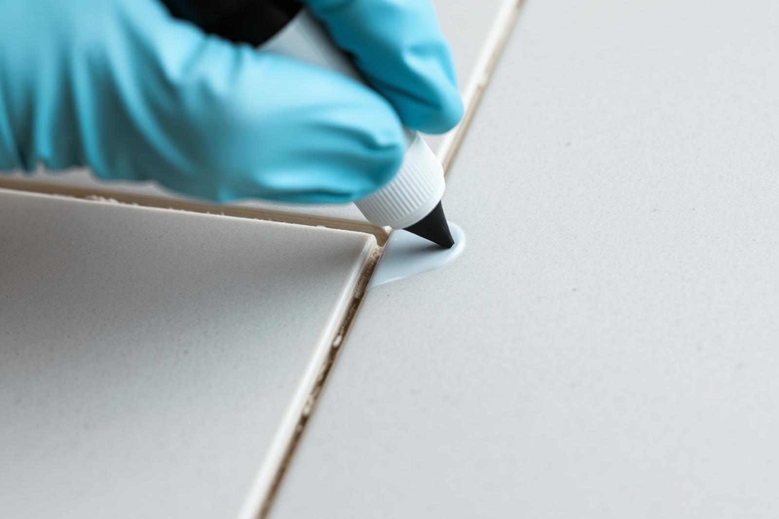 Close up of a technician applying grout color sealer to a porcelain tile grout joint with a precision applicator