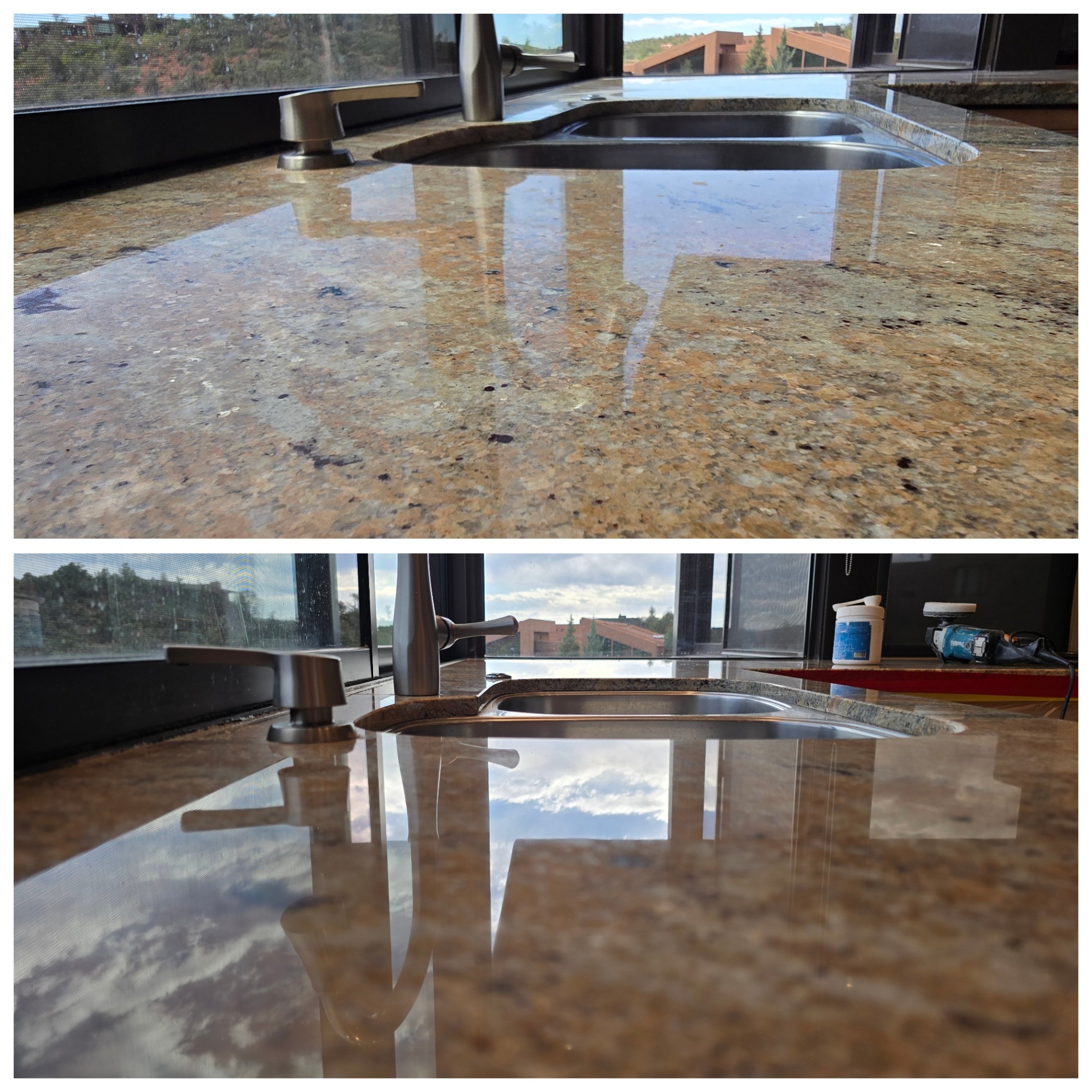Before and after of a gold granite kitchen countertop in Gilbert AZ polished and resealed with the stainless undermount sink re-mounted and re-siliconed