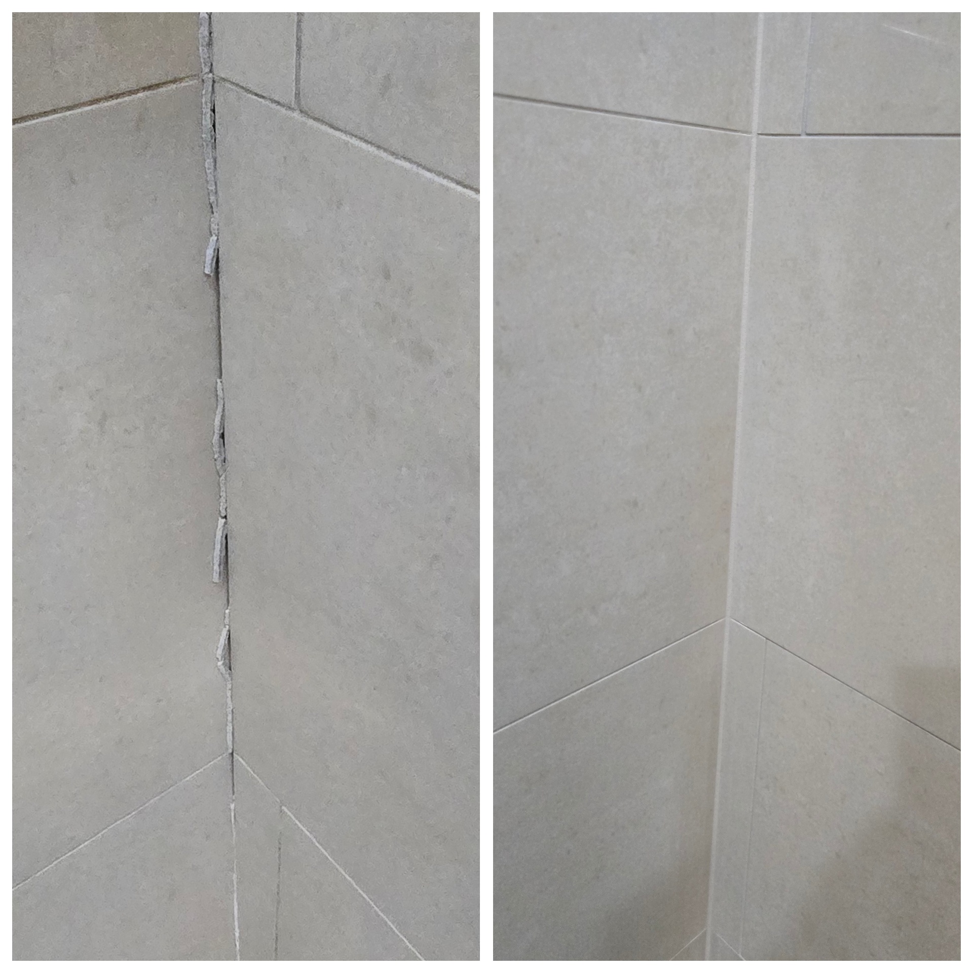 Before and after of a porcelain shower corner in Mesa AZ with crumbling grout in the vertical change of plane joint replaced by a clean color matched silicone bead