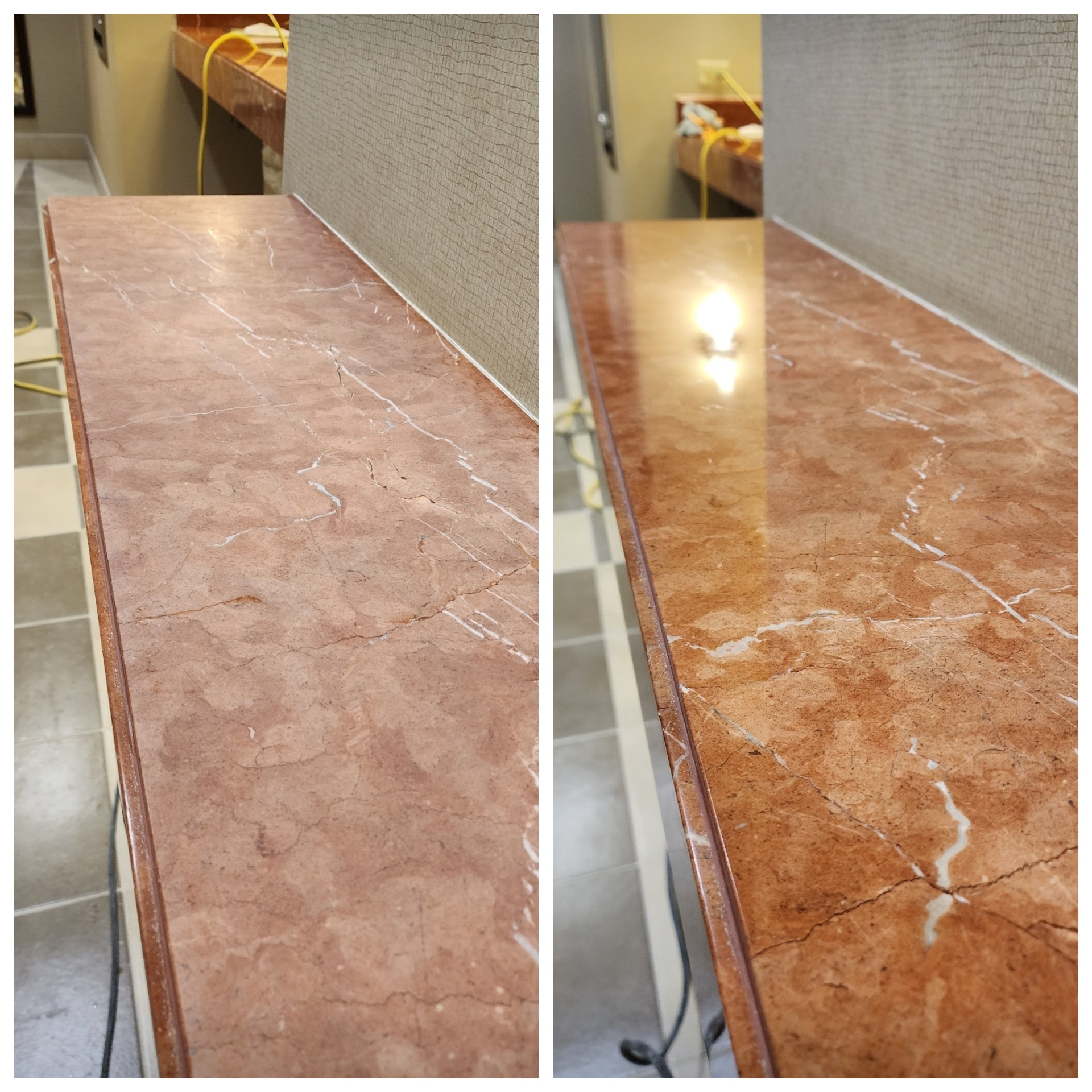 Before and after of a red Rojo marble countertop in Gilbert AZ with faded rust stained surface treated for iron oxidation, polished to a gloss and sealed