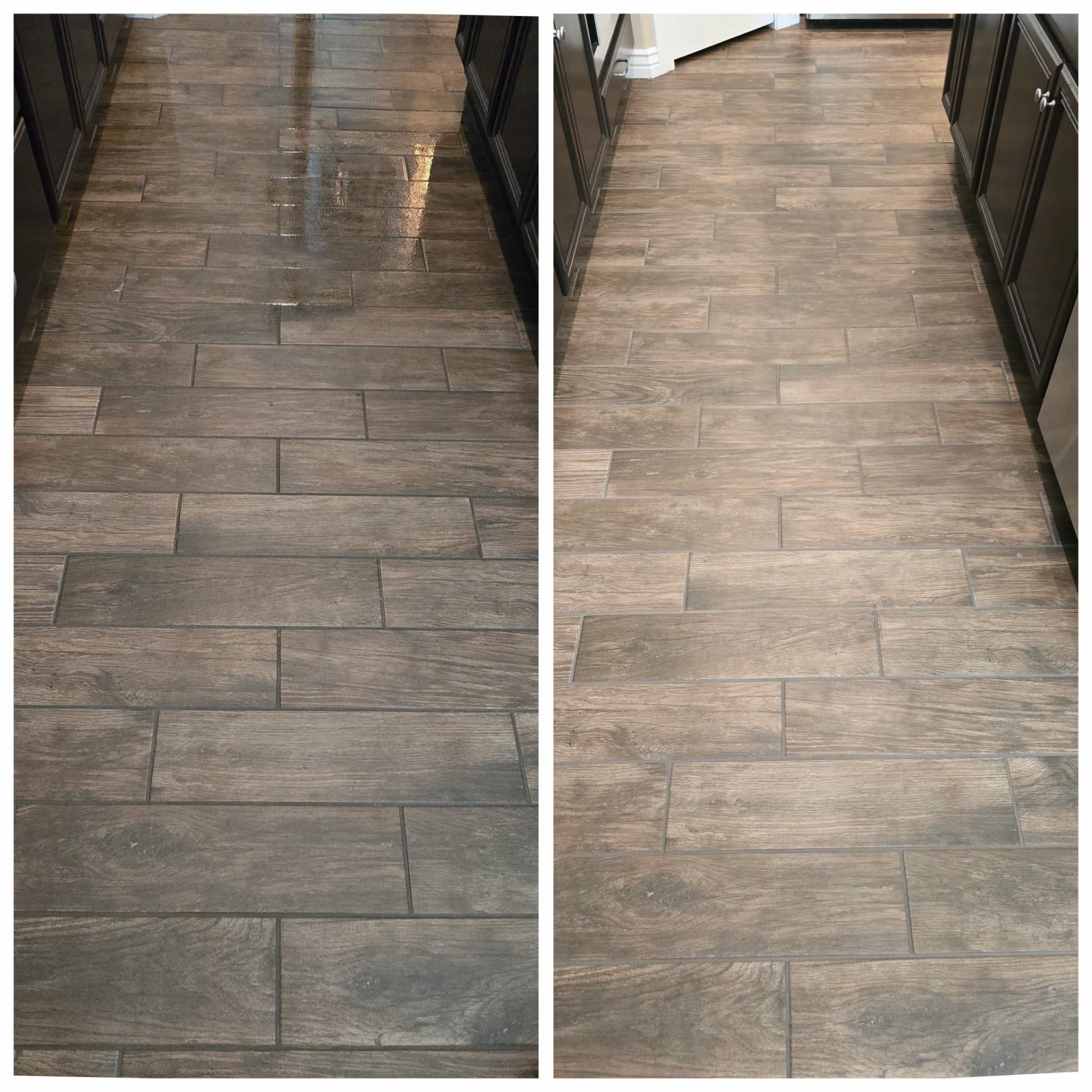 Before and after wood-look plank tile floor restoration Adora Falls Gilbert AZ