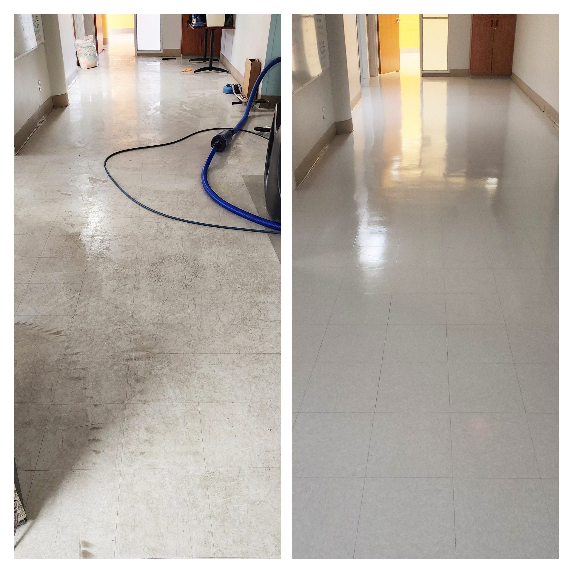 Before and after commercial floor restoration showing epoxy and coating results