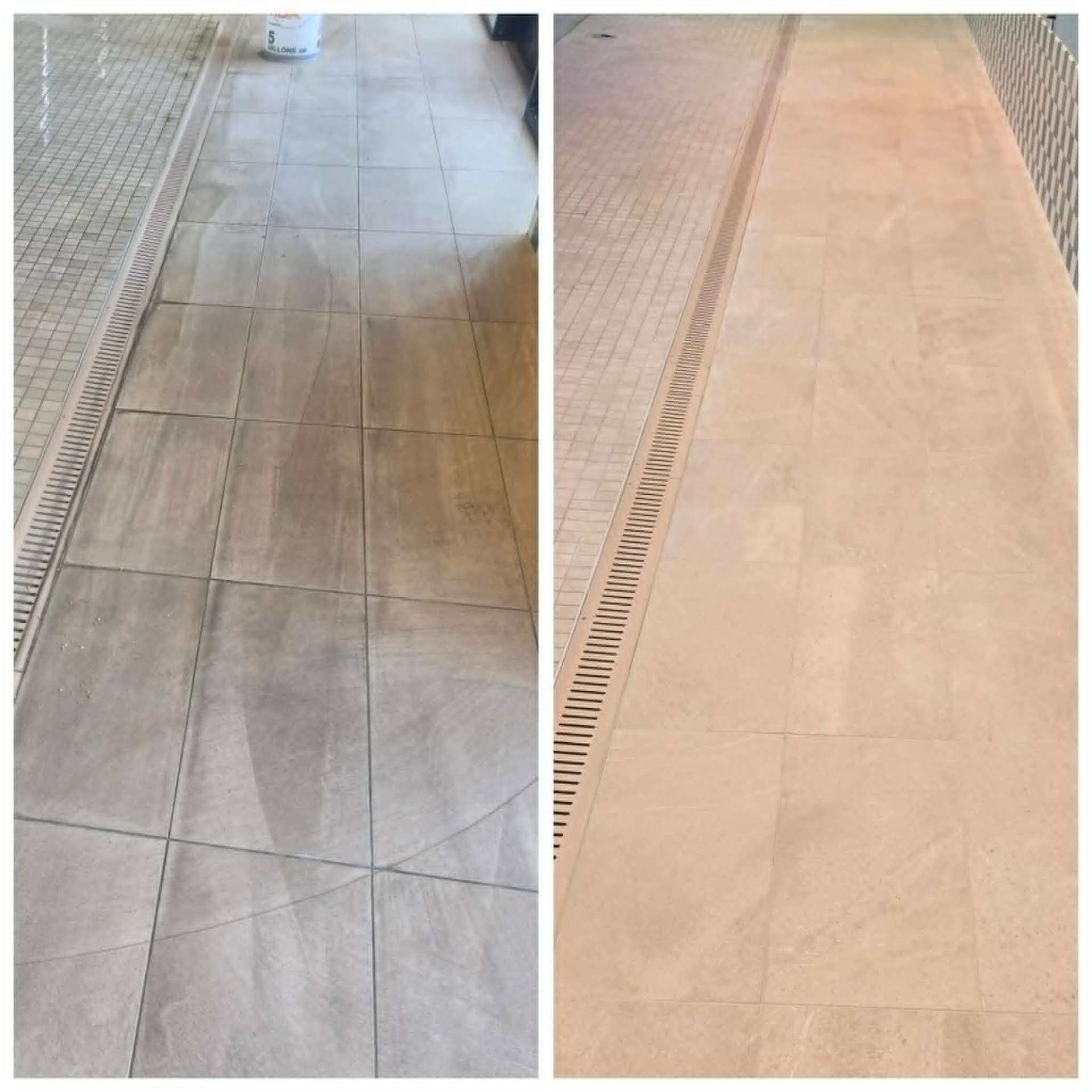 Before and after commercial pool deck grout cleaning and color sealing by Lazona Tile Care in Paradise Valley, Arizona ,  efflorescence and discoloration removed from large-format porcelain tile alongside drainage channel
