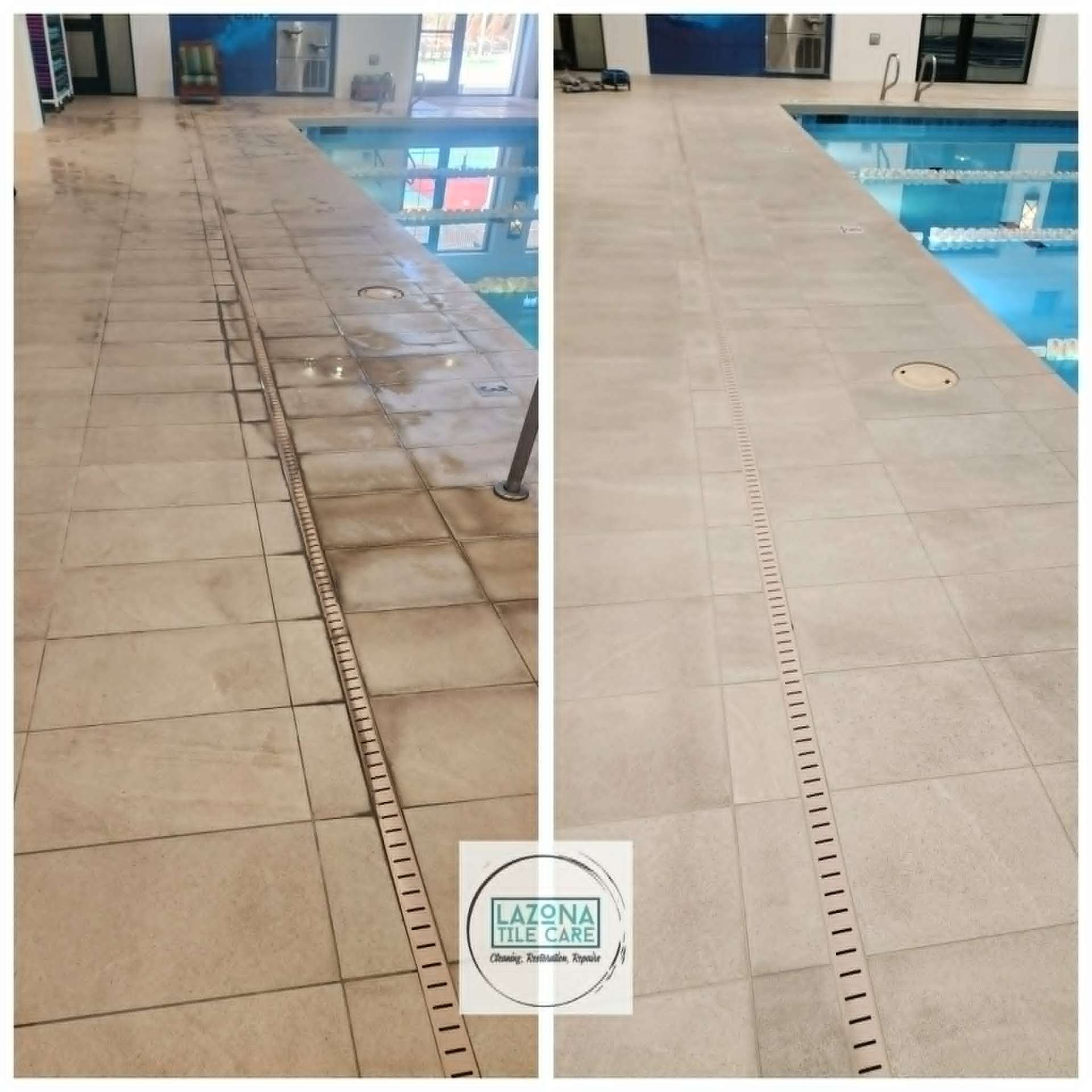Before and after commercial indoor pool deck tile and grout restoration by Lazona Tile Care in Phoenix, Arizona ,  heavy soil and staining removed from porcelain deck tiles surrounding a natatorium lap pool