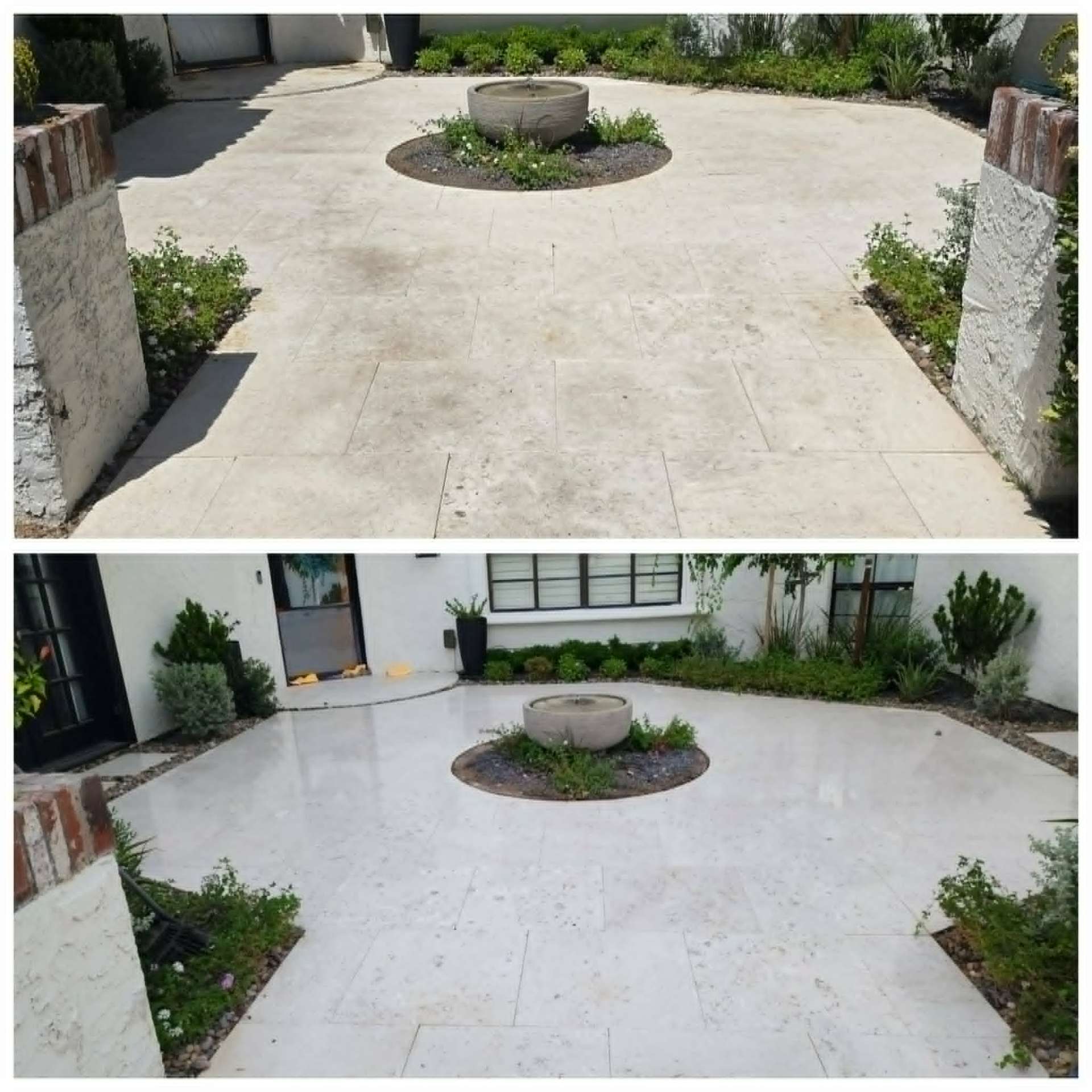 Before and after travertine courtyard and patio restoration, honing and sealing by Lazona Tile Care in Scottsdale, Arizona ,  weathered French-pattern travertine pavers restored to a clean, reflective finish around a fountain feature