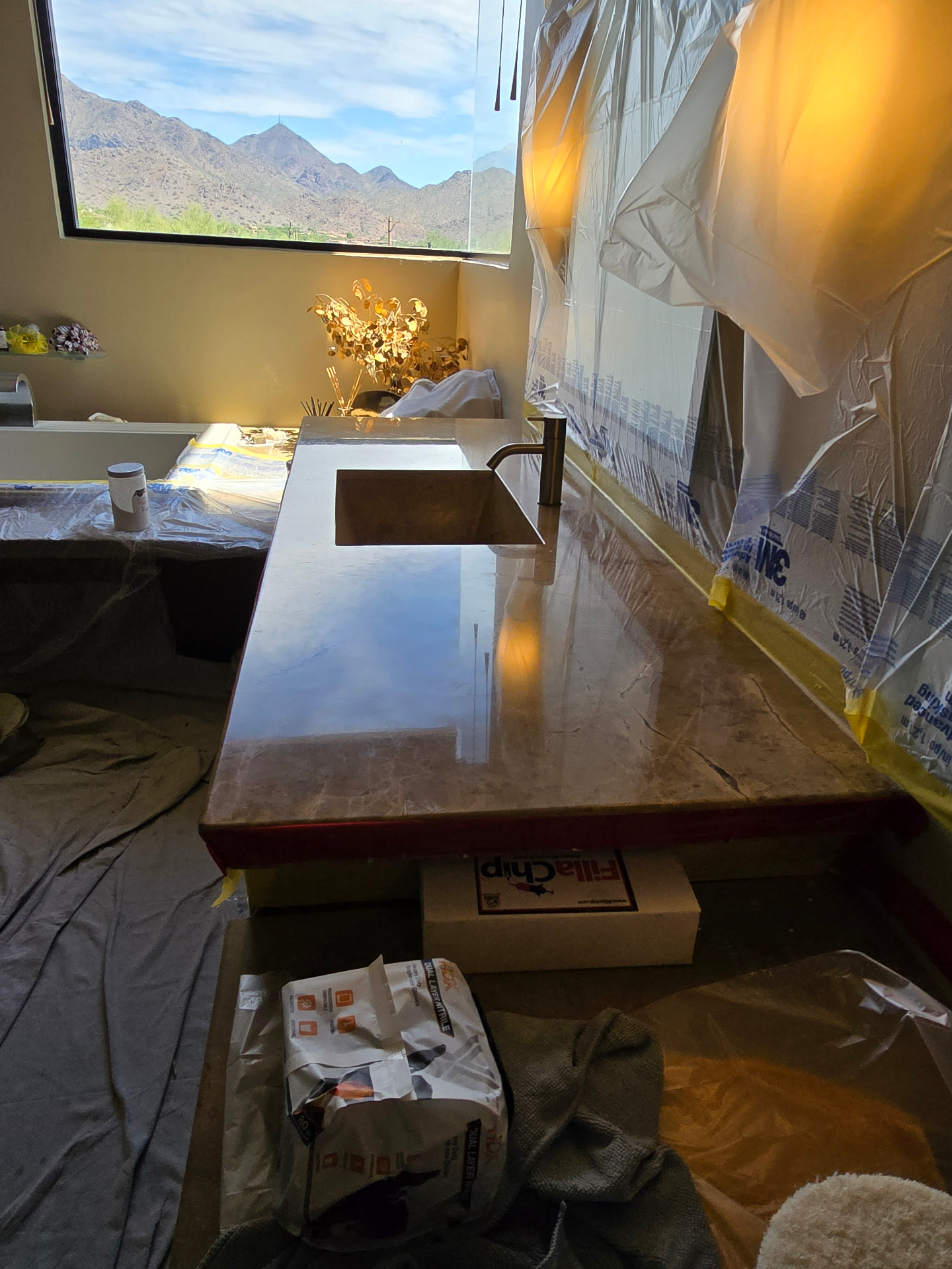 Marble kitchen countertop honing and polishing with mountain view in Scottsdale AZ