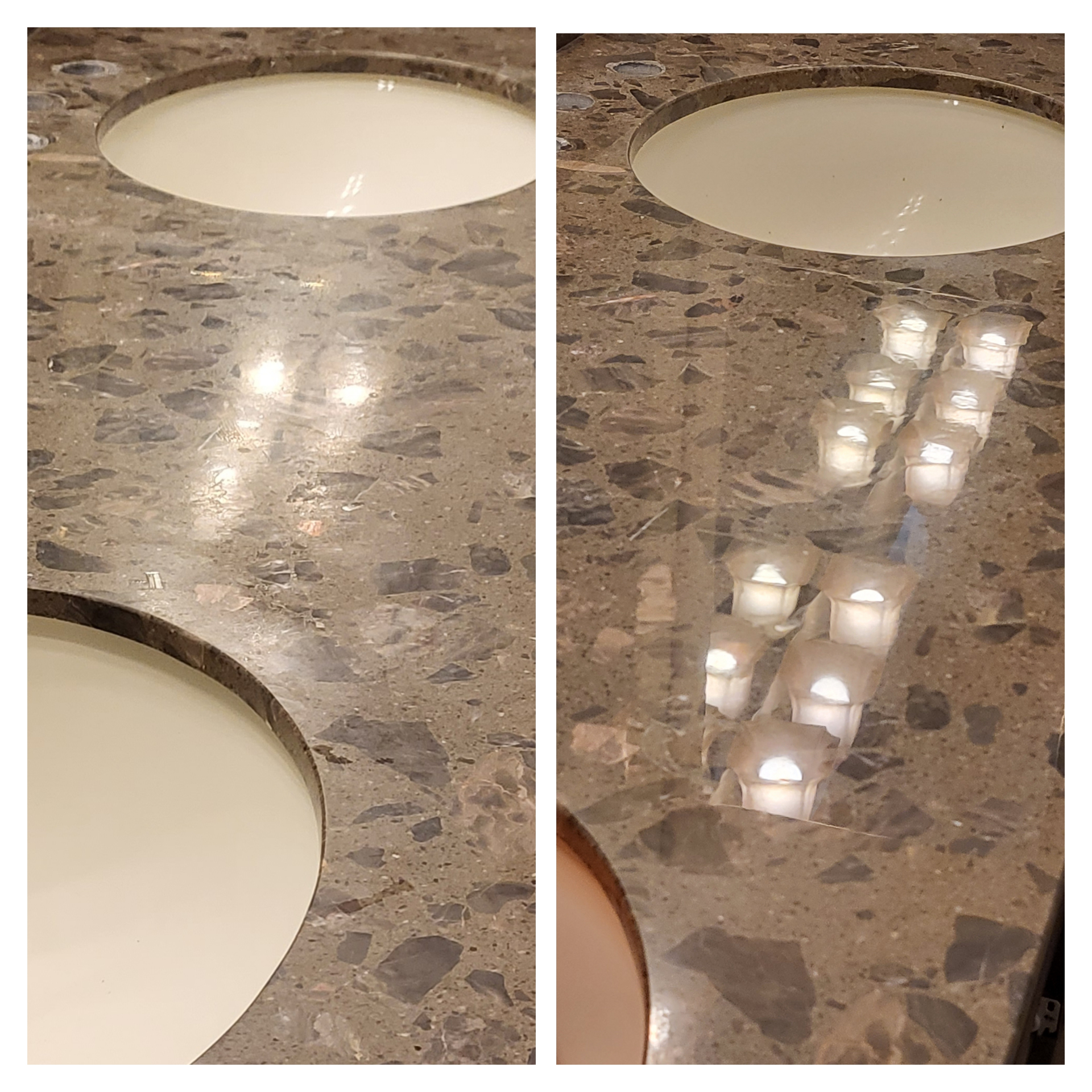 Quartz vanity countertop polishing before and after in Arizona bathroom