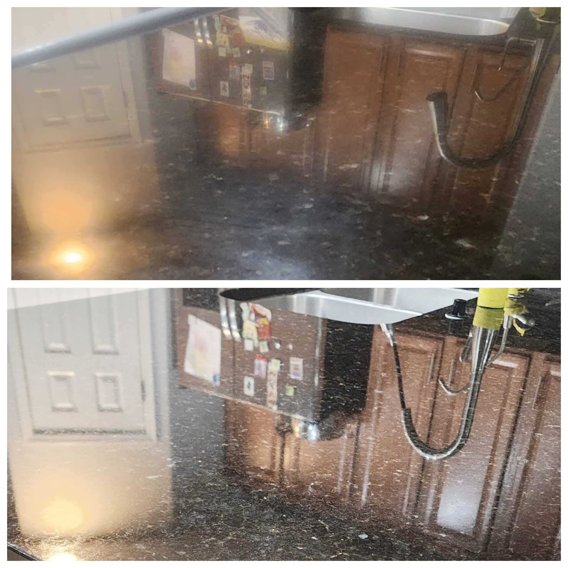 Professional granite countertop restoration before and after showing dramatic improvement from dull stained surface to polished mirror finish in Arizona kitchen