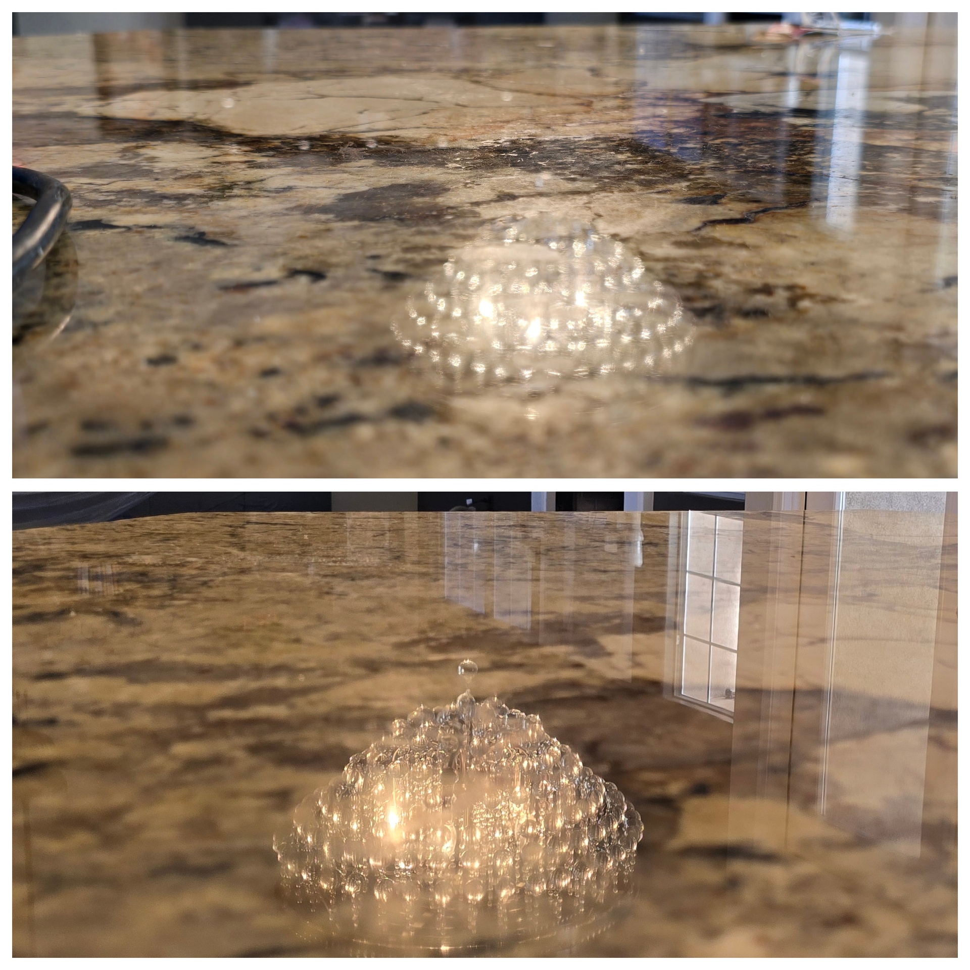 Granite countertop water absorption test showing unsealed stone absorbing water before restoration and sealed stone with water beading after professional treatment in Arizona kitchen