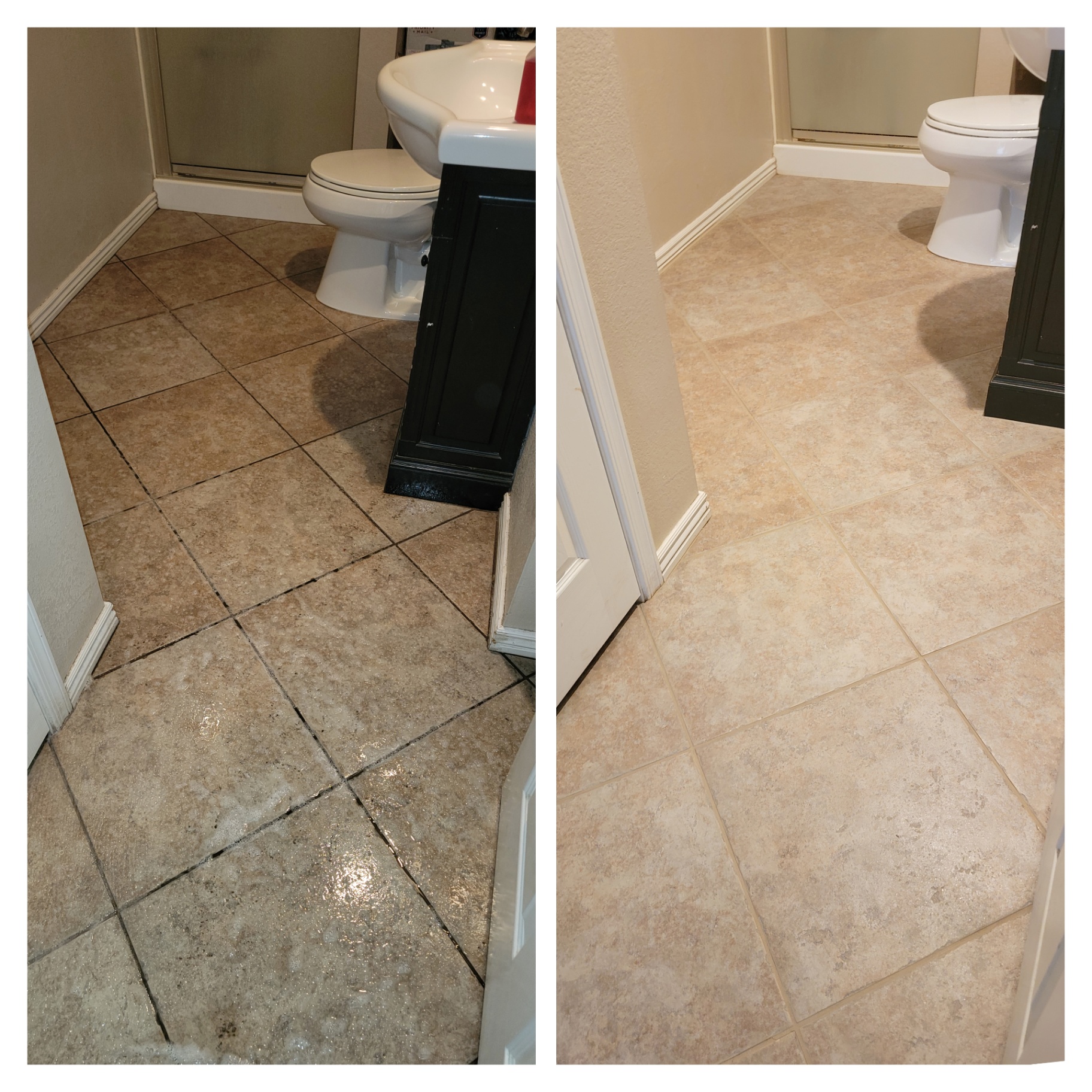 Re-grouted bathroom floor in Mesa Arizona home with dramatic transformation