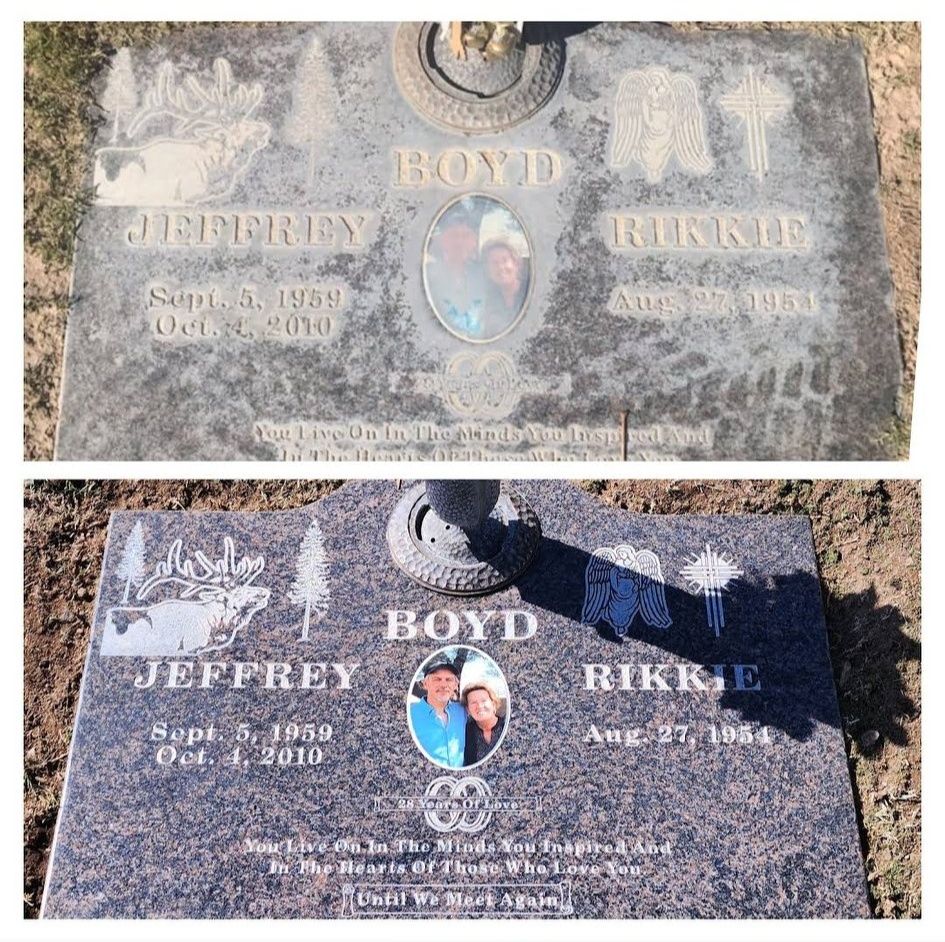Granite headstone before and after restoration showing cleaned lettering and polished stone surface in Arizona cemetery