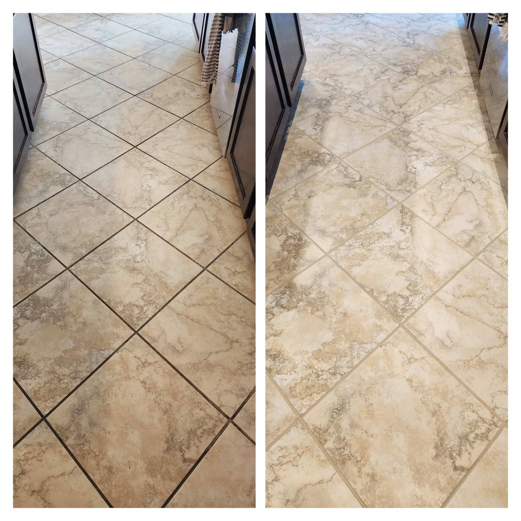 Before and after kitchen tile floor with lippage and grout cleaning in Arizona