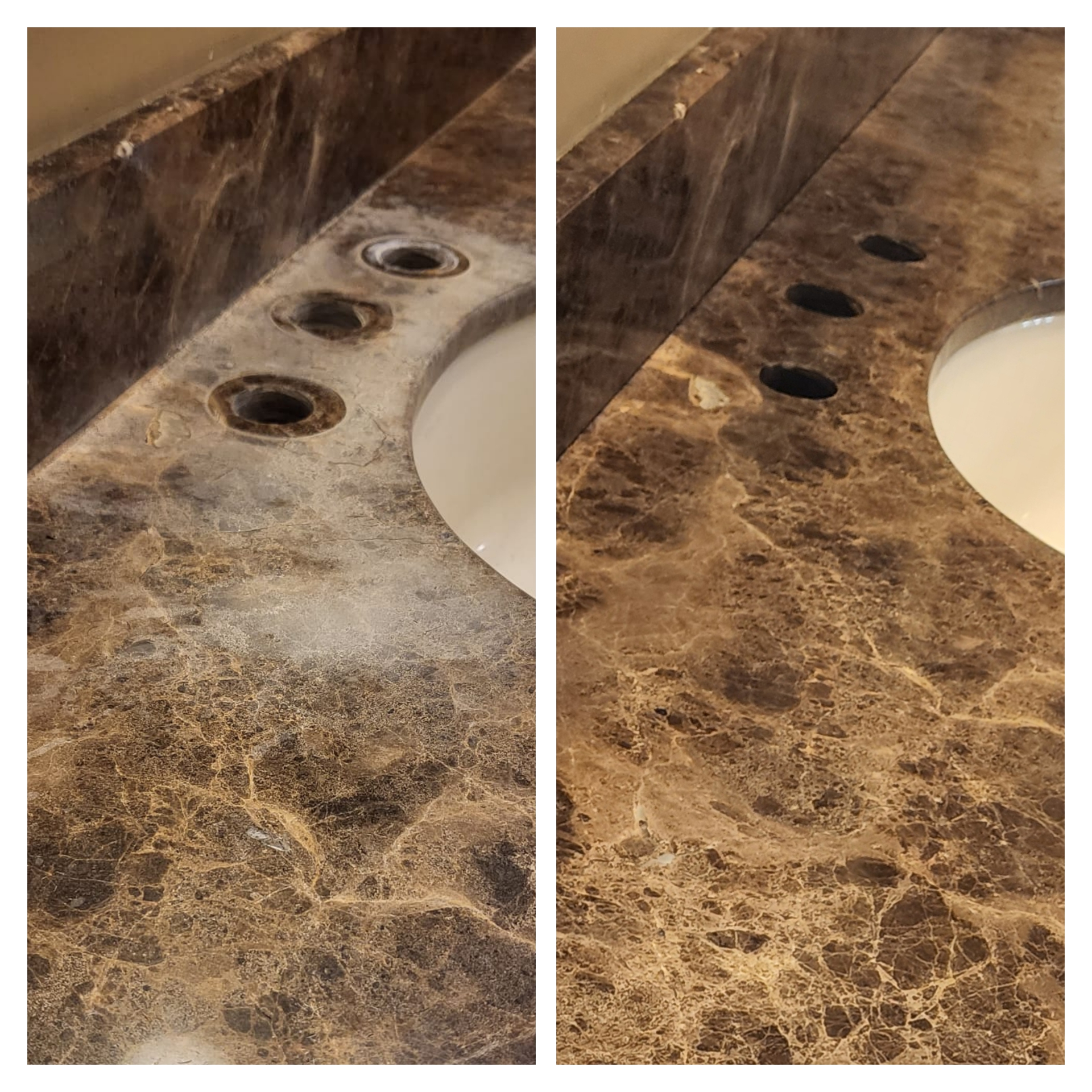 Before and after marble countertop restoration showing etch mark removal in Arizona home