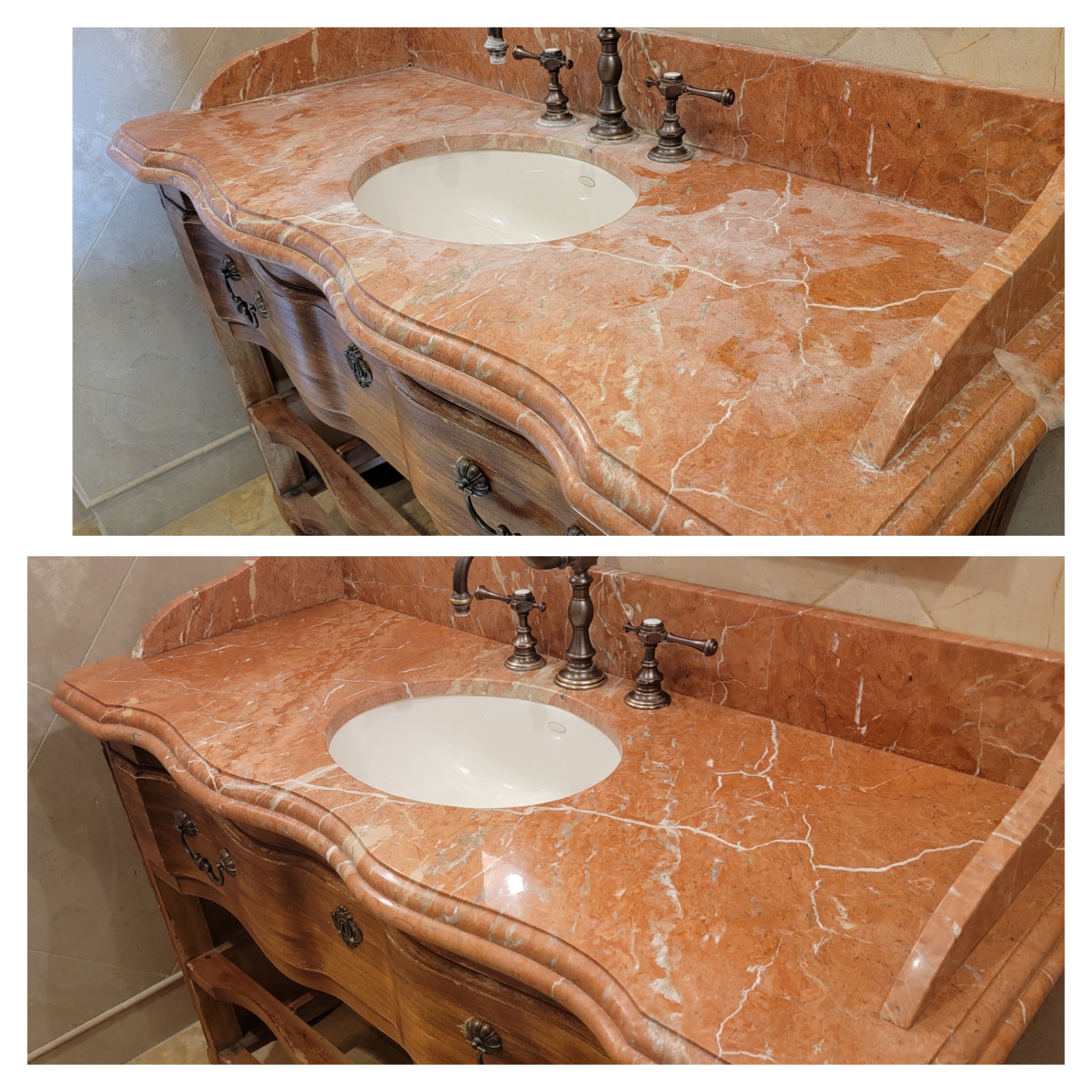 Before and after marble vanity countertop polishing and sealing in Arizona