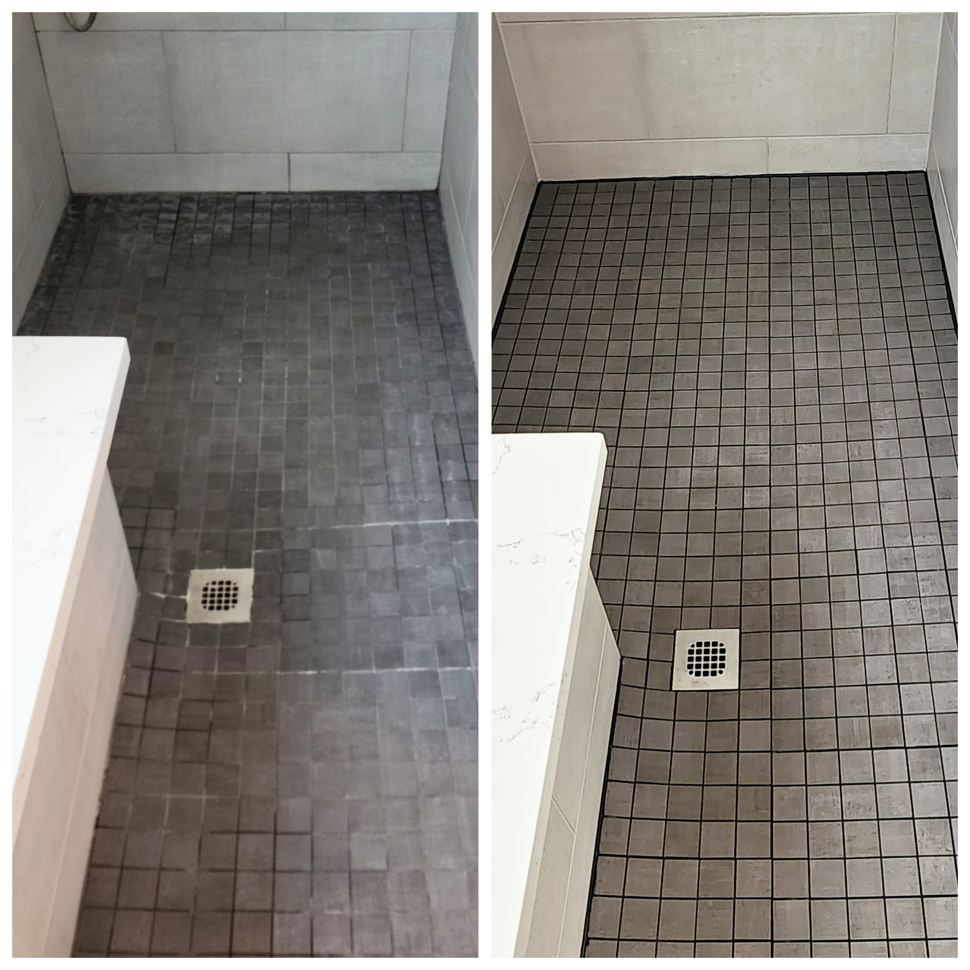 Before and after dark mosaic shower floor grout color sealing