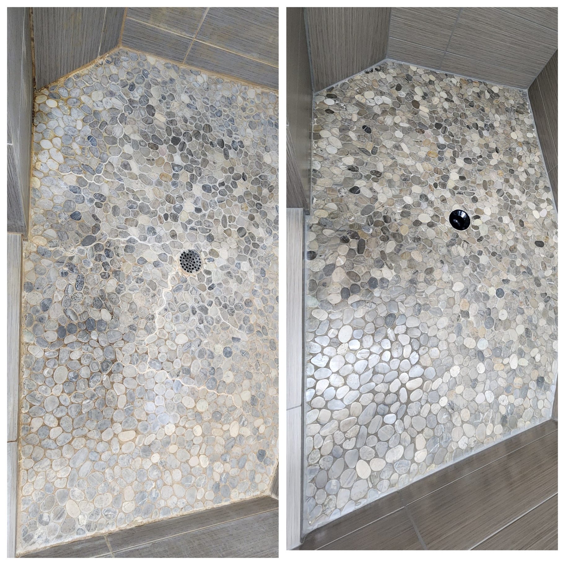 Before and after pebble stone shower floor restoration with grout sealing