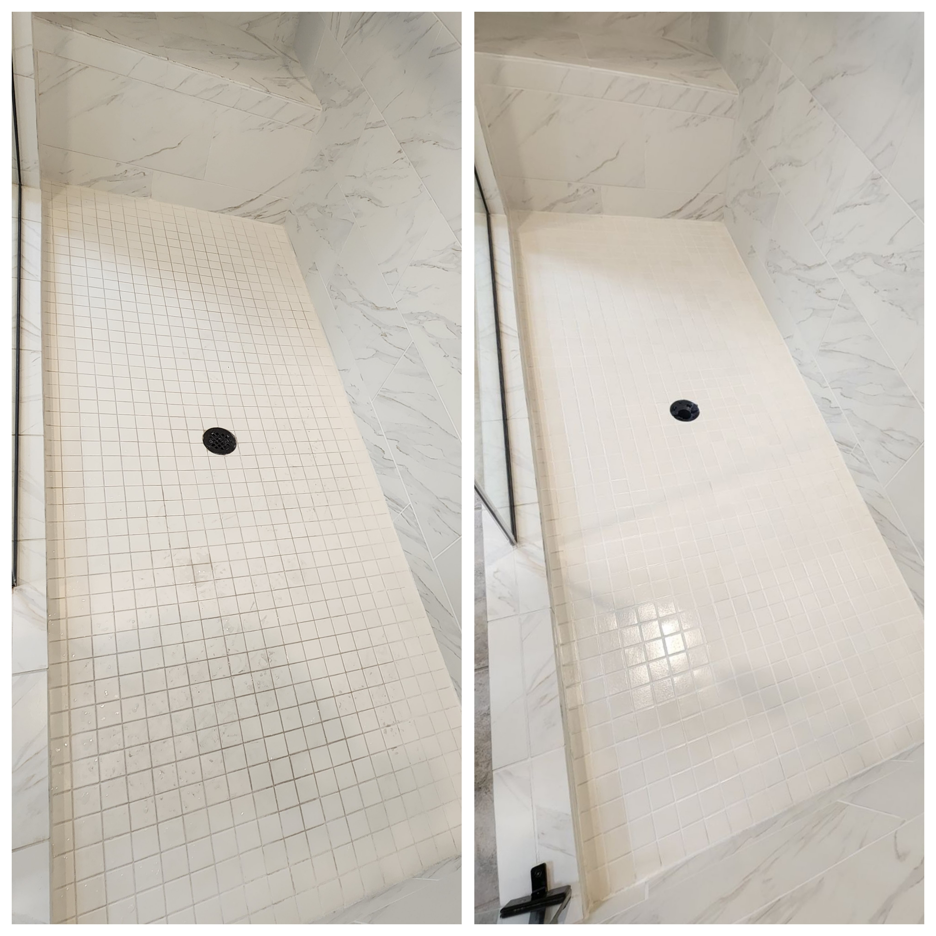 Before and after white marble mosaic shower floor restoration in Gilbert AZ