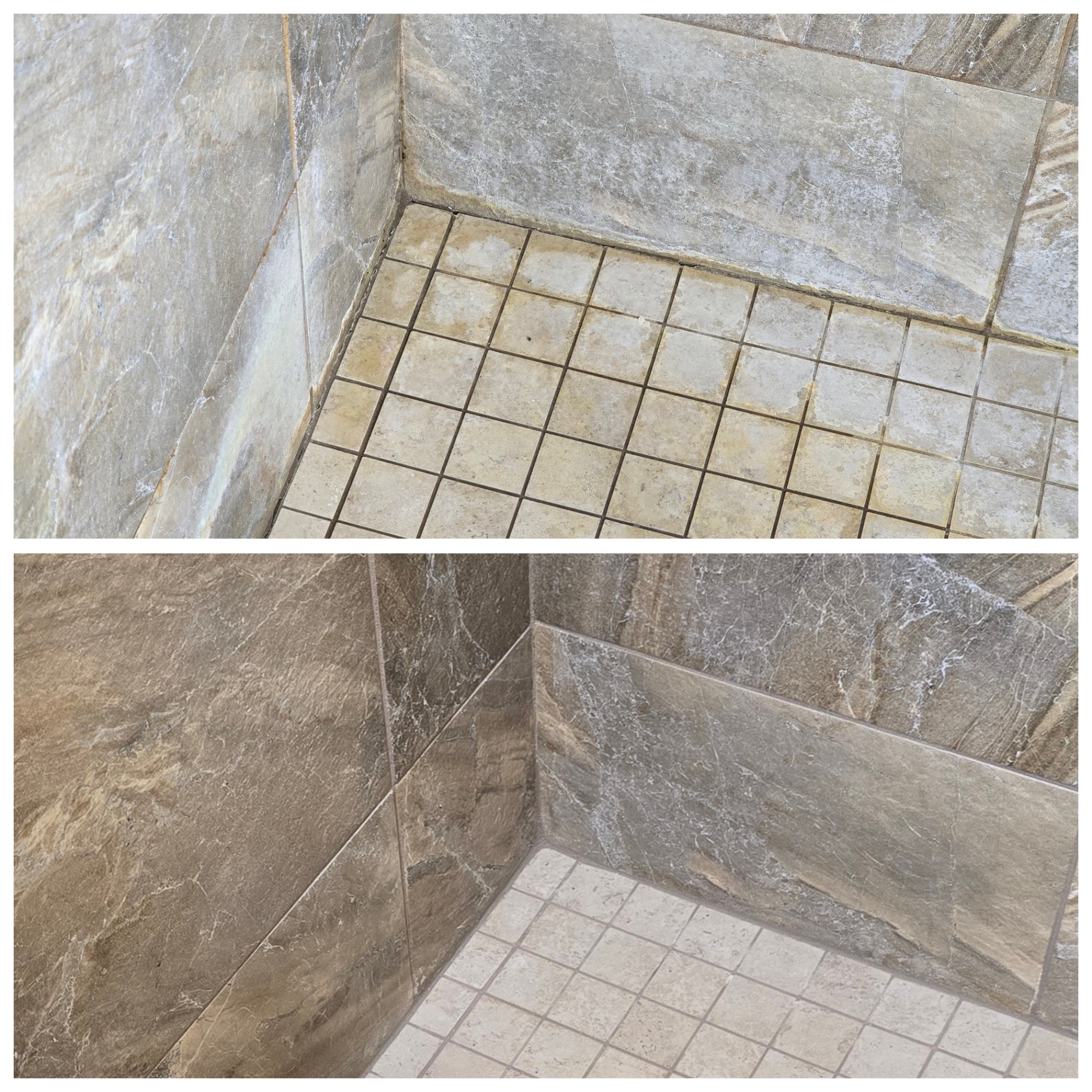 Before and after of an Arizona shower corner showing eroded grout at the wall to floor transition, mineral staining, and faded mosaic tile restored to clean uniform grout lines, sealed stone, and bright tile