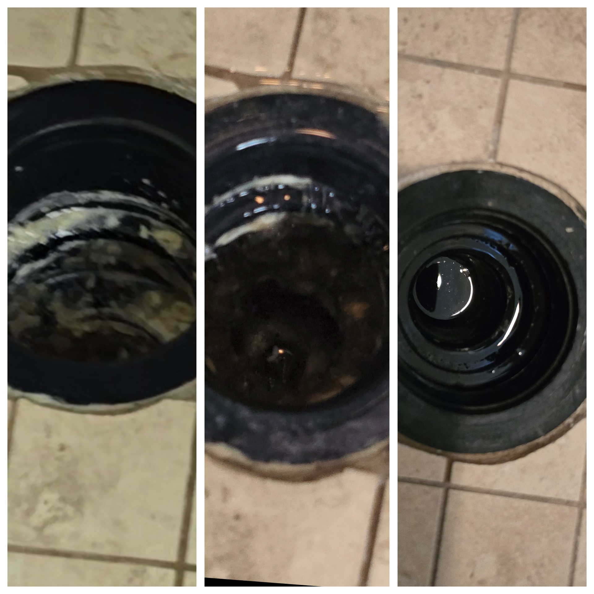 Three-stage progression of an Arizona shower drain restoration showing the corroded biofilm-encrusted starting condition, mid-process descaling, and the final clean polished drain assembly after professional restoration